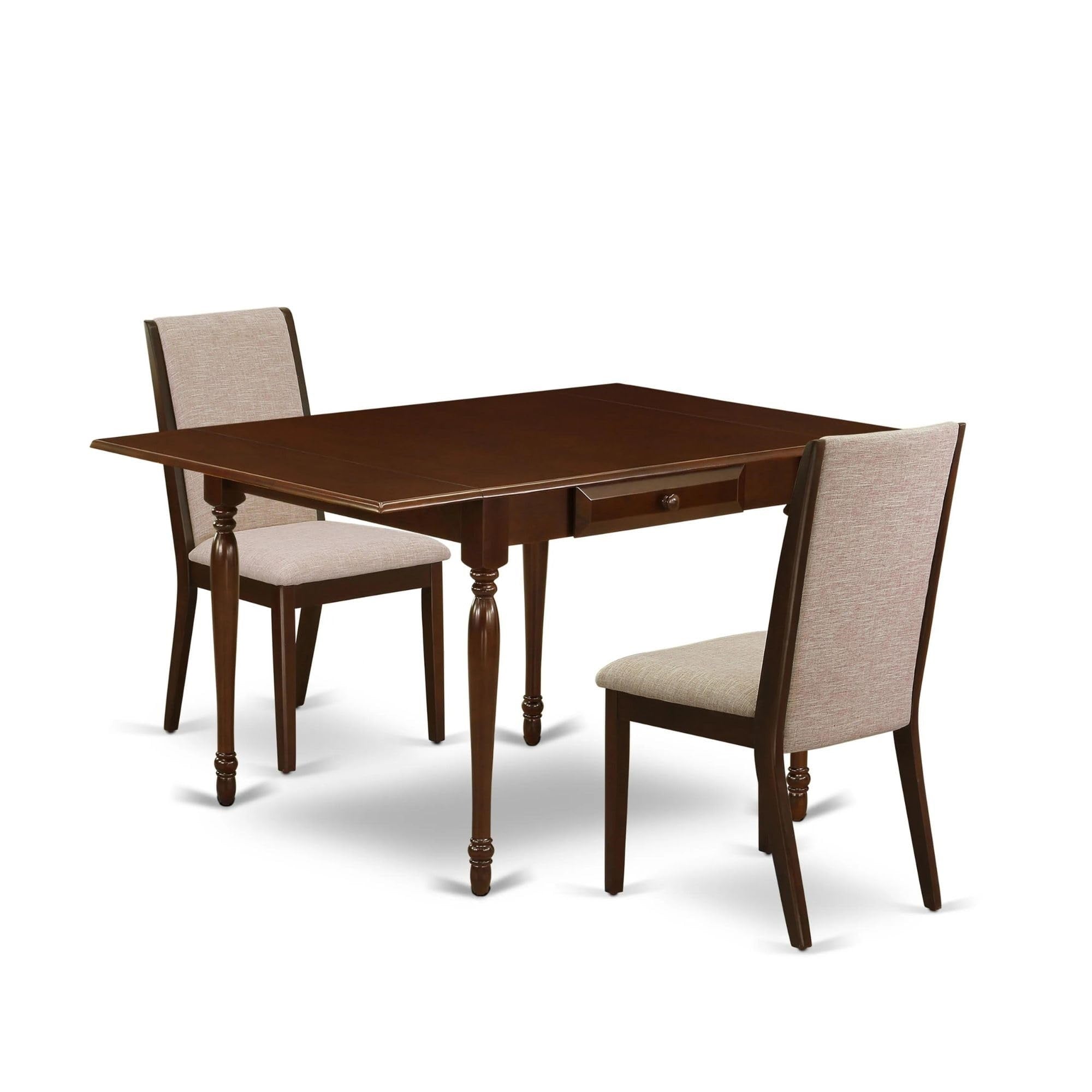Casafoyer Monza 3 Piece Dinette Set For Small Spaces Contains A Rectangle Dining Table With Dropleaf And 2 Light Tan Linen Fabric Parson Chairs, 36X54 Inch, Mahogany