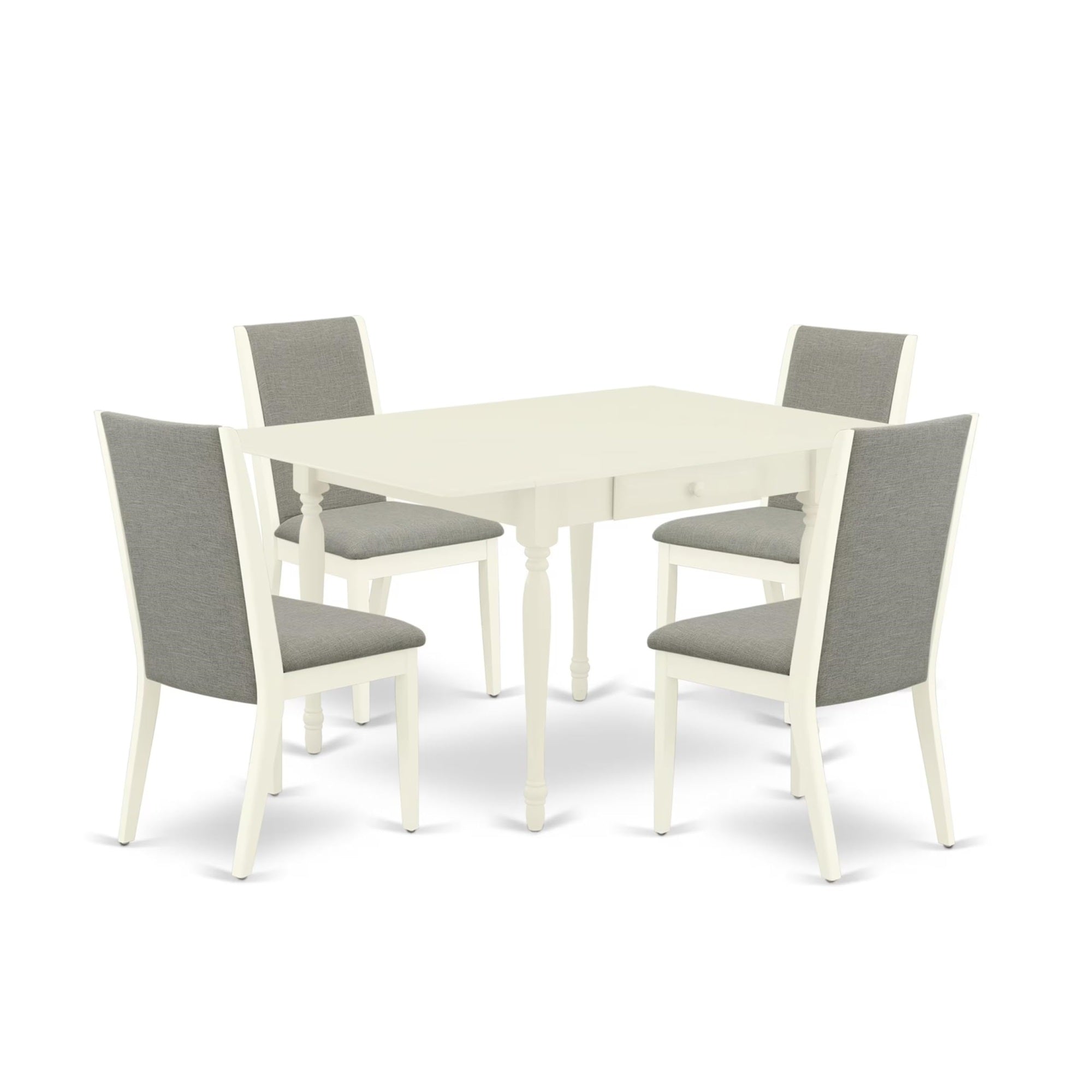 Casafoyer Monza 5 Piece Set For 4 Includes A Rectangle Kitchen Table With Dropleaf And 4 Shitake Fabric Parson Dining Chairs, 36X54 Inch, Linen White