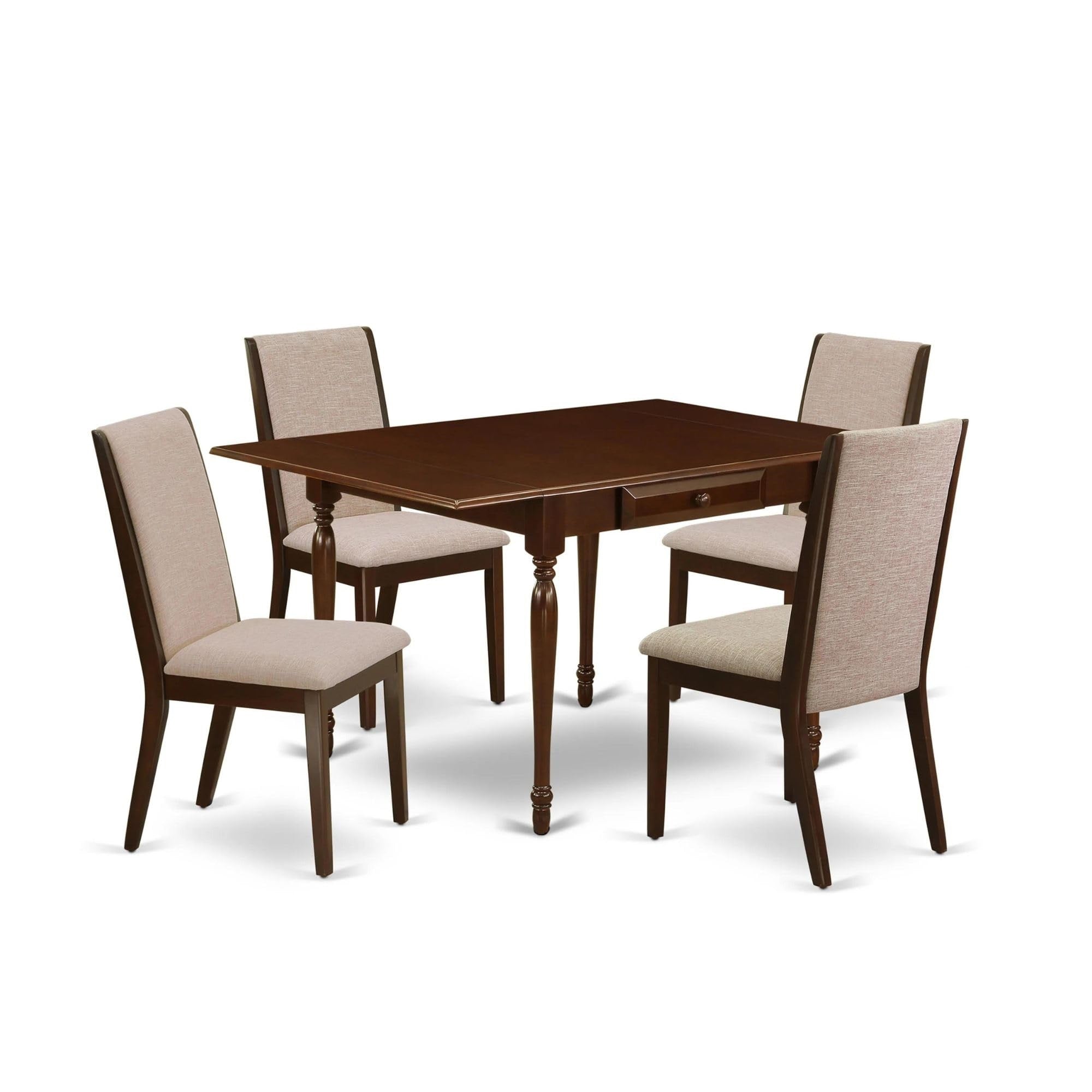 Casafoyer Monza 5 Piece Room Furniture Set Includes A Rectangle Dining Table With Dropleaf And 4 Light Tan Linen Fabric Upholstered Chairs, 36X54 Inch, Mahogany