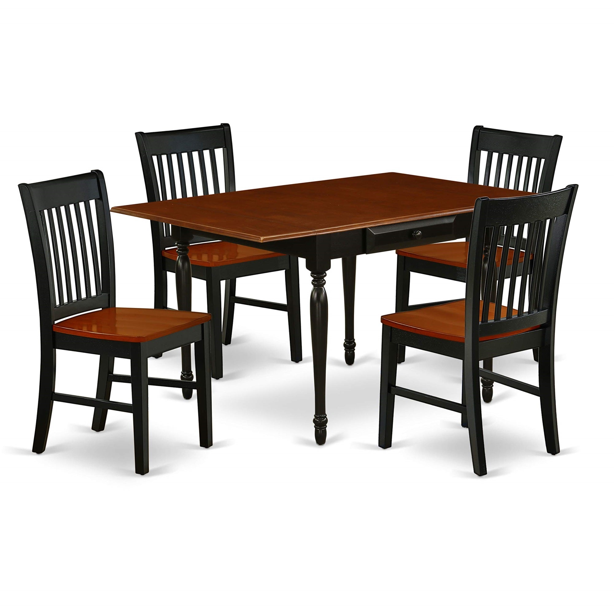 Ergode Mzno5-Bch-W, 5-Piece Kitchen Dining Table Set, Modern Design, Sturdy Mid-Century Table, 4 Elegant Wooden Chairs, Black Finish, Cherry Seat, Asian Rubberwood, Easy Assembly, 2 Drop-Down Leaves, 2 Drawers, 36X54 Inch
