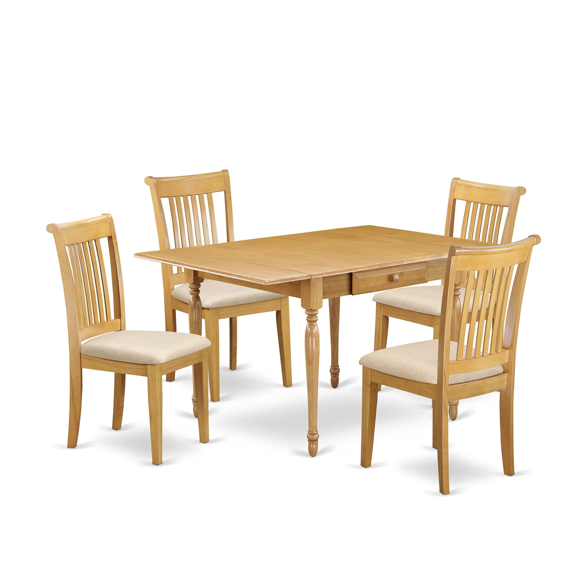 Ergode Mzpo5-Oak-C, Monza 5-Piece Dining Table Set, Rectangle Table With Dropleaf, 4 Linen Fabric Chairs, Oak Finish, 36X54 Inch