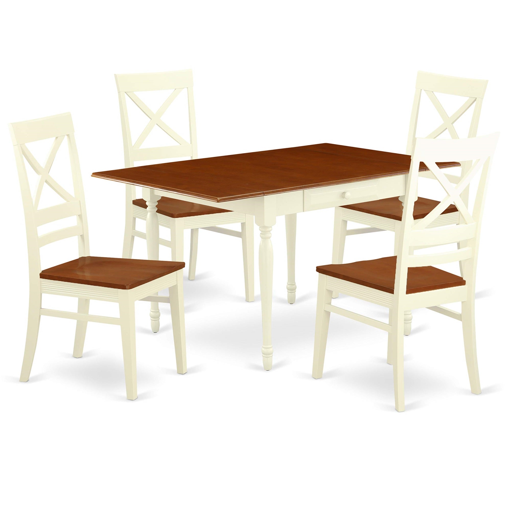 Ergode Mzqu5-Whi-W, 5-Piece Dining Set, Rectangle Table With Dropleaf, 4 Kitchen Chairs, Buttermilk & Cherry, Premium Asian Wood