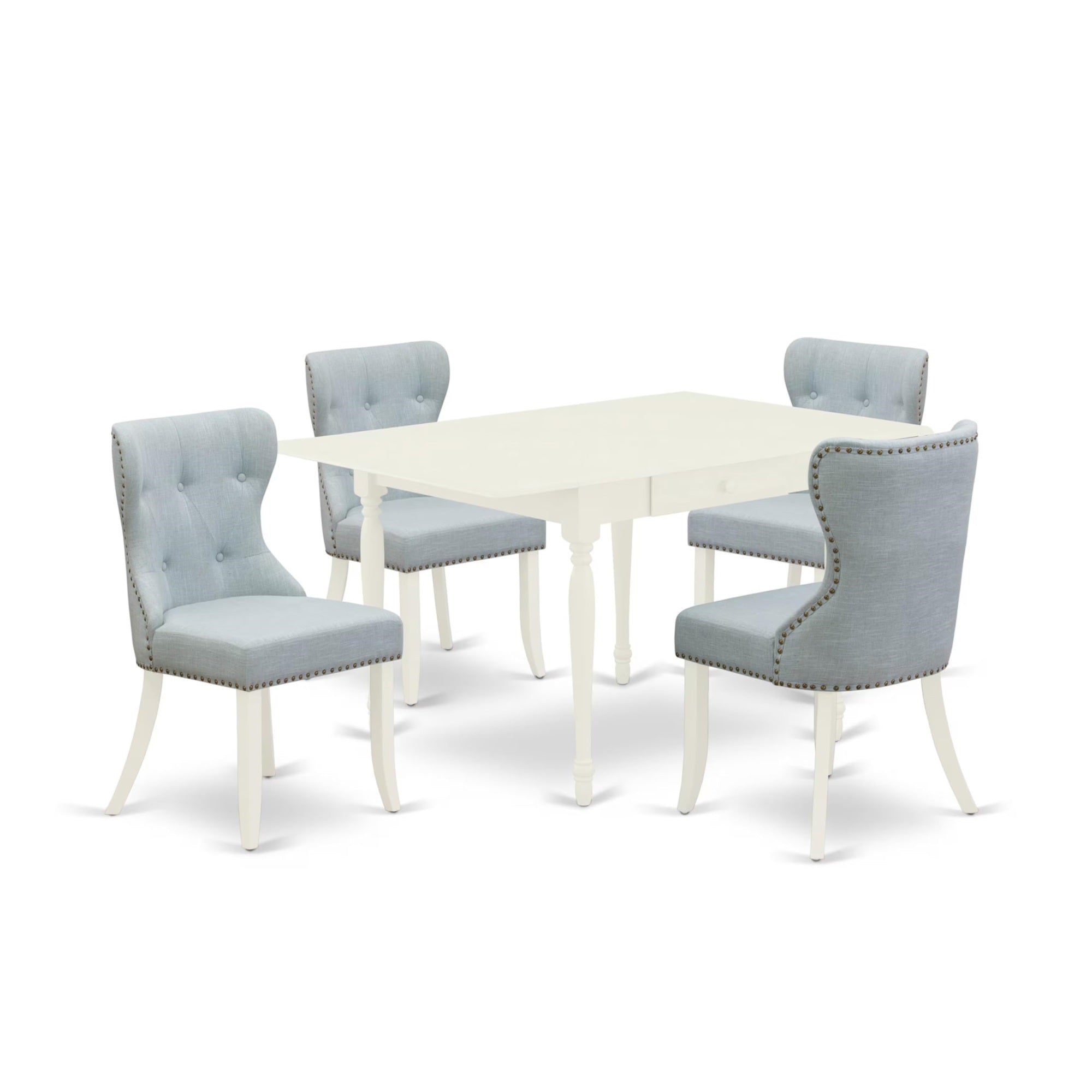 Casafoyer Monza 5 Piece Room Set Includes A Rectangle Dining Table With Dropleaf And 4 Baby Blue Linen Fabric Upholstered Chairs, 36X54 Inch, Mzsi5-Lwh-15