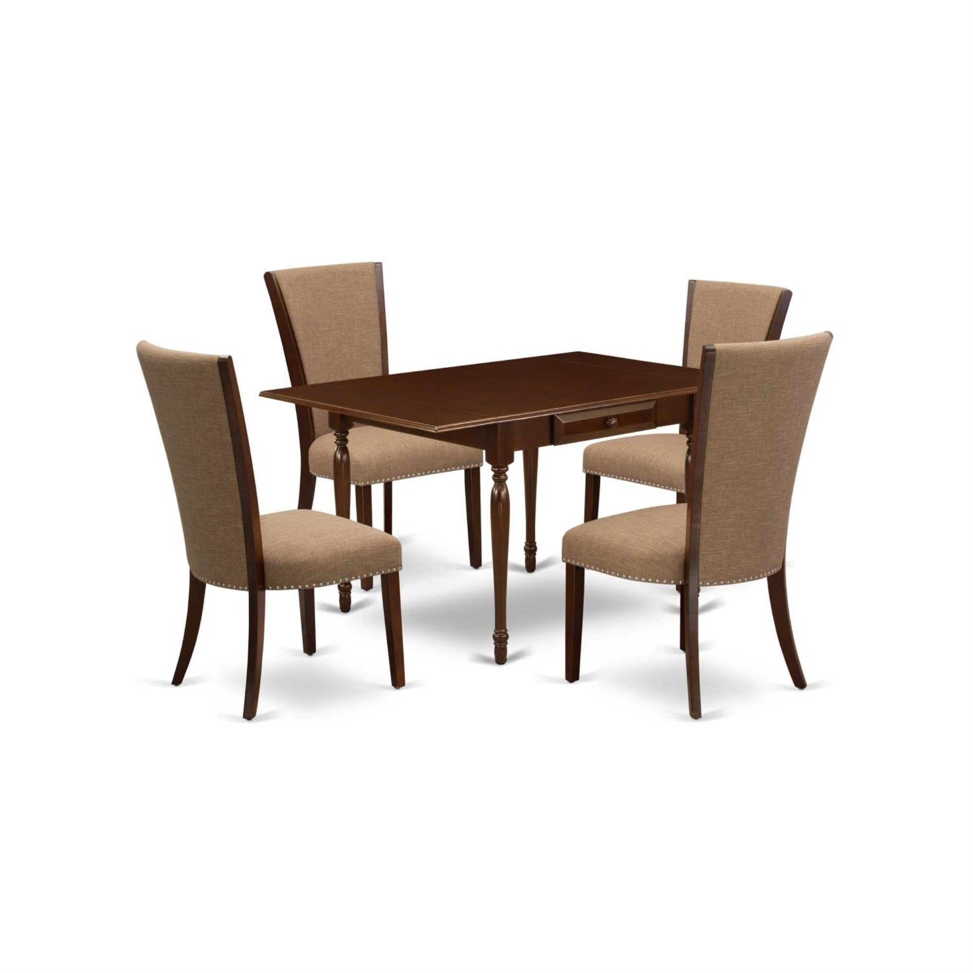 Casafoyer Mzve5-Mah-47 5 Piece Dining Table Set Includes A Rectangle Dining Room Table With Dropleaf And 4 Light Sable Linen Fabric Upholstered Chairs, 36X54 Inch, Mahogany