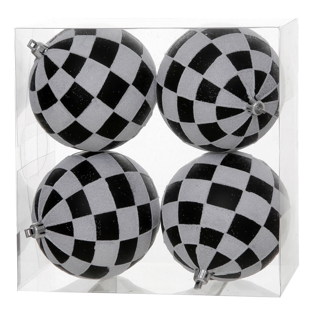 Vickerman 4″ Black-White Check Glitter Ball 4/Box - N142077