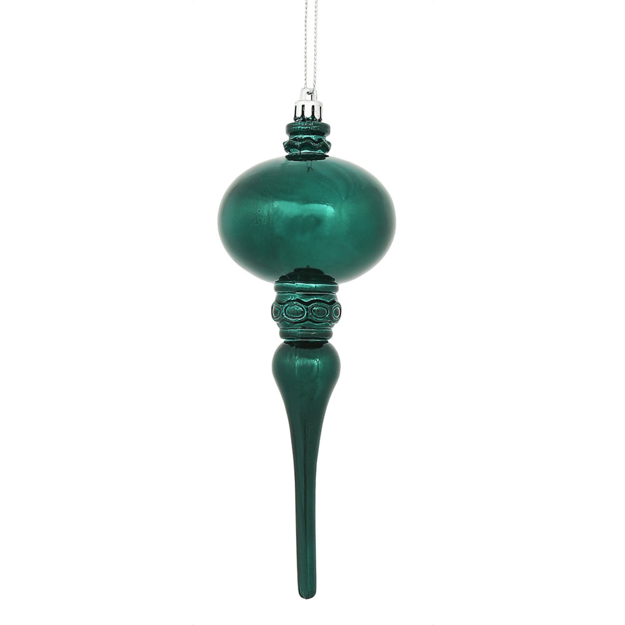 Vickerman 8” x 2.75” Sea Blue Shiny Finial Ornament, with drilled and wired caps. Comes 3 per Bag