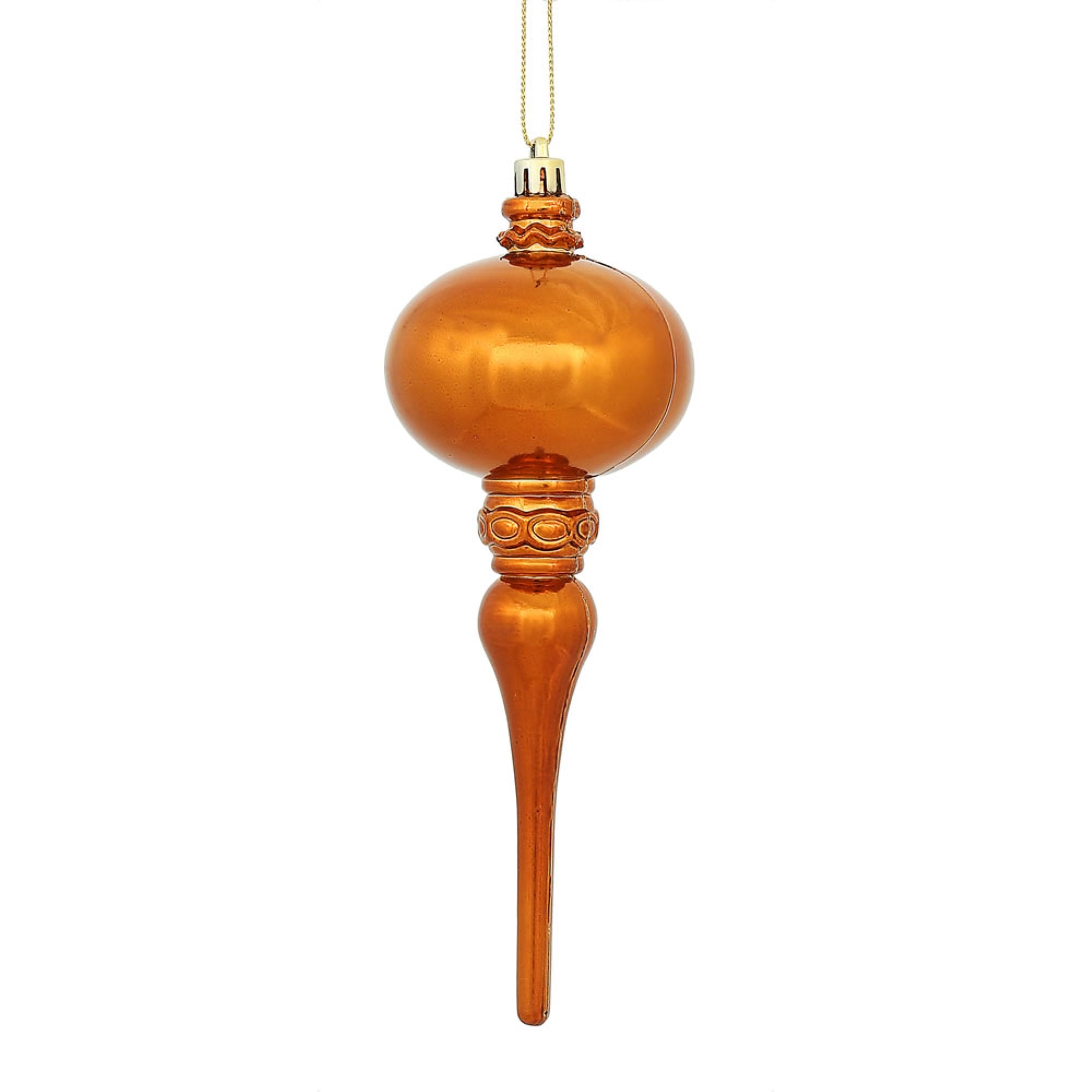 Vickerman 8” x 2.75” Copper Shiny Finial Ornament, with drilled and wired caps. Comes 3 per Bag