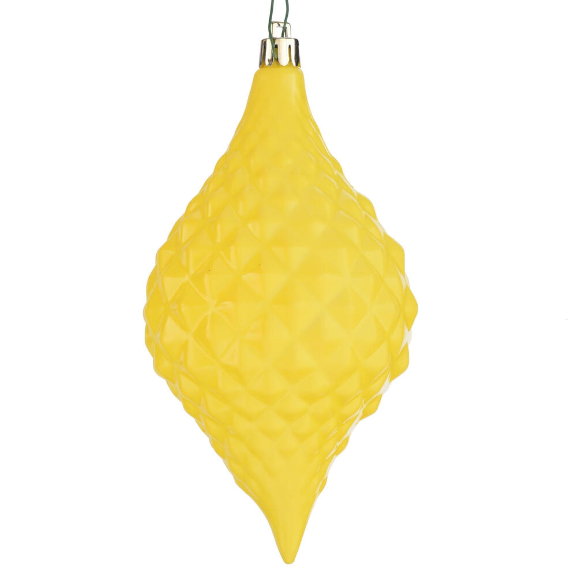 6” x 3” Yellow Shiny Diamond Drop Ornament with drilled and wired caps. Comes 4/bag.