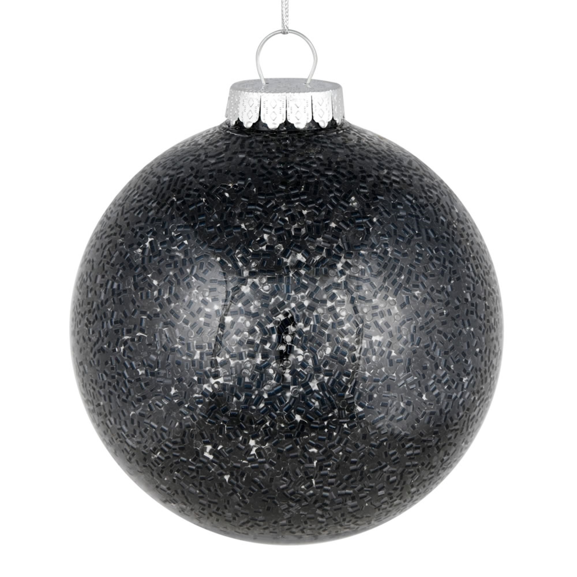 6” Black Tinsel Clear Ball Orn 4/Bag