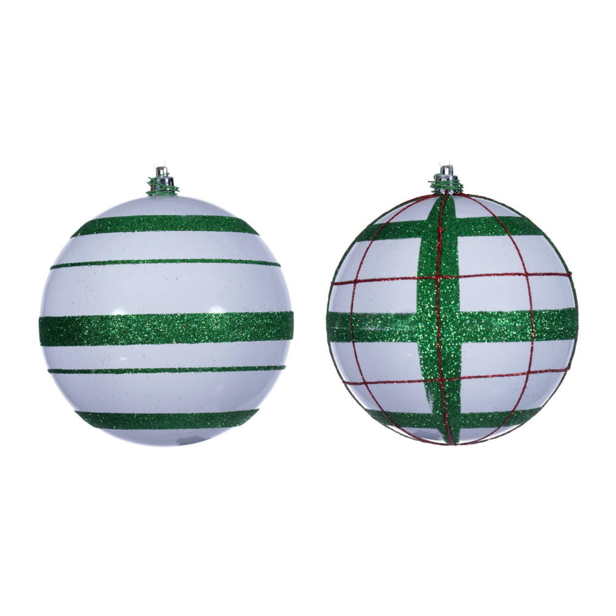 Vickerman 4.75” White Ball Ornament w/ Red & Green Glitter Assortment. 2 plaid, and 2 horizontal stripes.