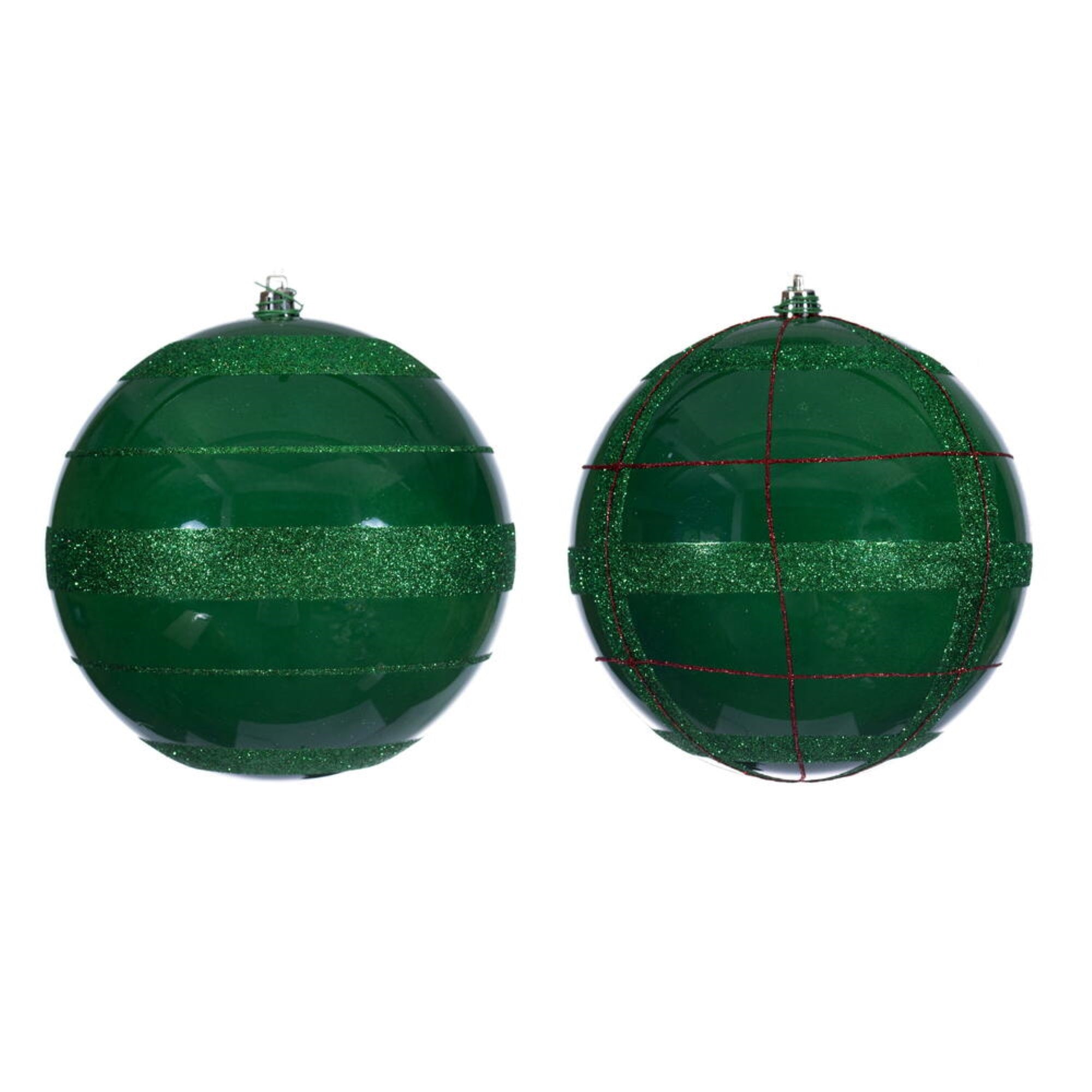 Vickerman 6” Green & Red Glitter Ornament Assortment. 2 plaid, and 2 horizontal stripes.