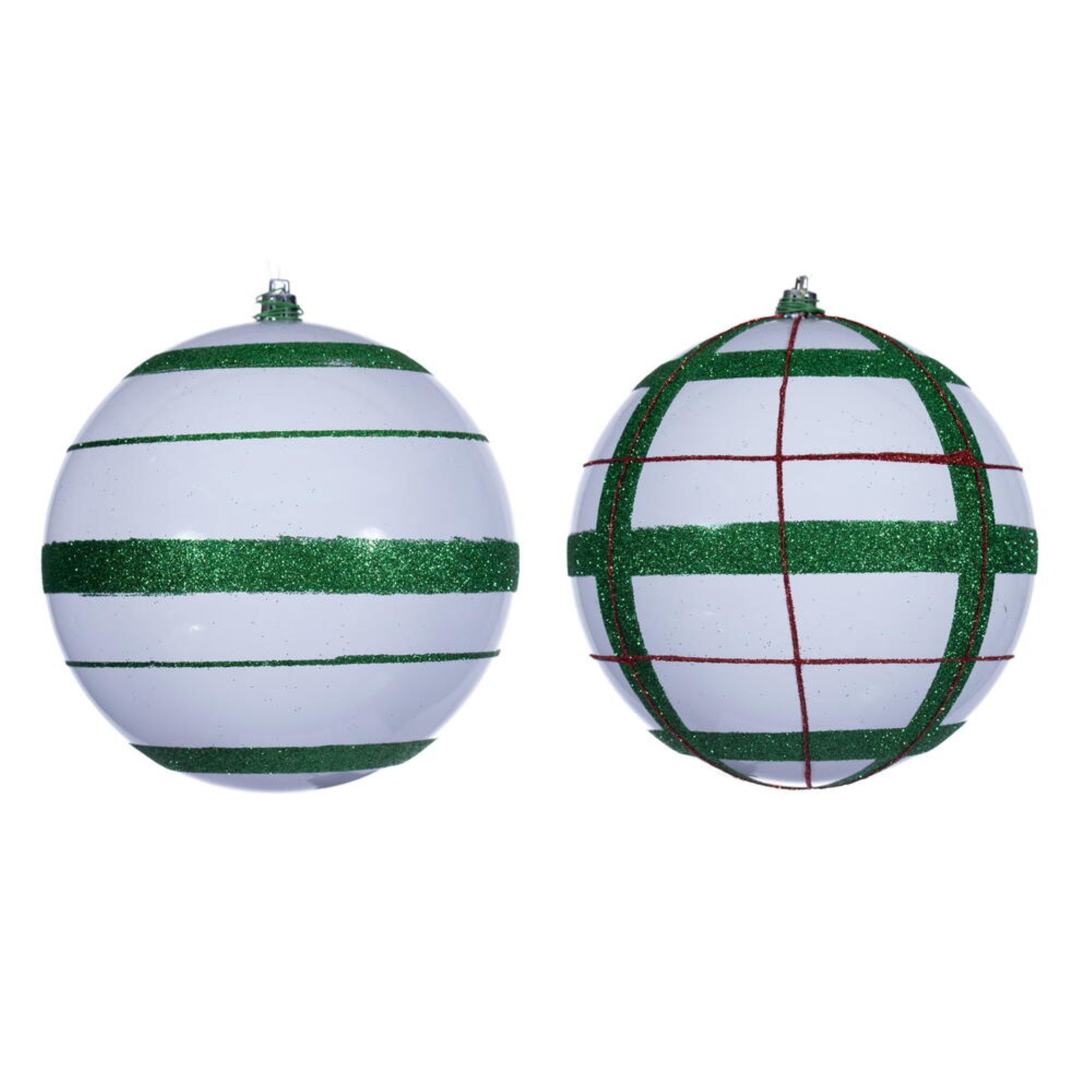 Vickerman 6” White Ball Ornament with Red & Green Glitter Assortment. 2 plaid, and 2 horizontal stripes.