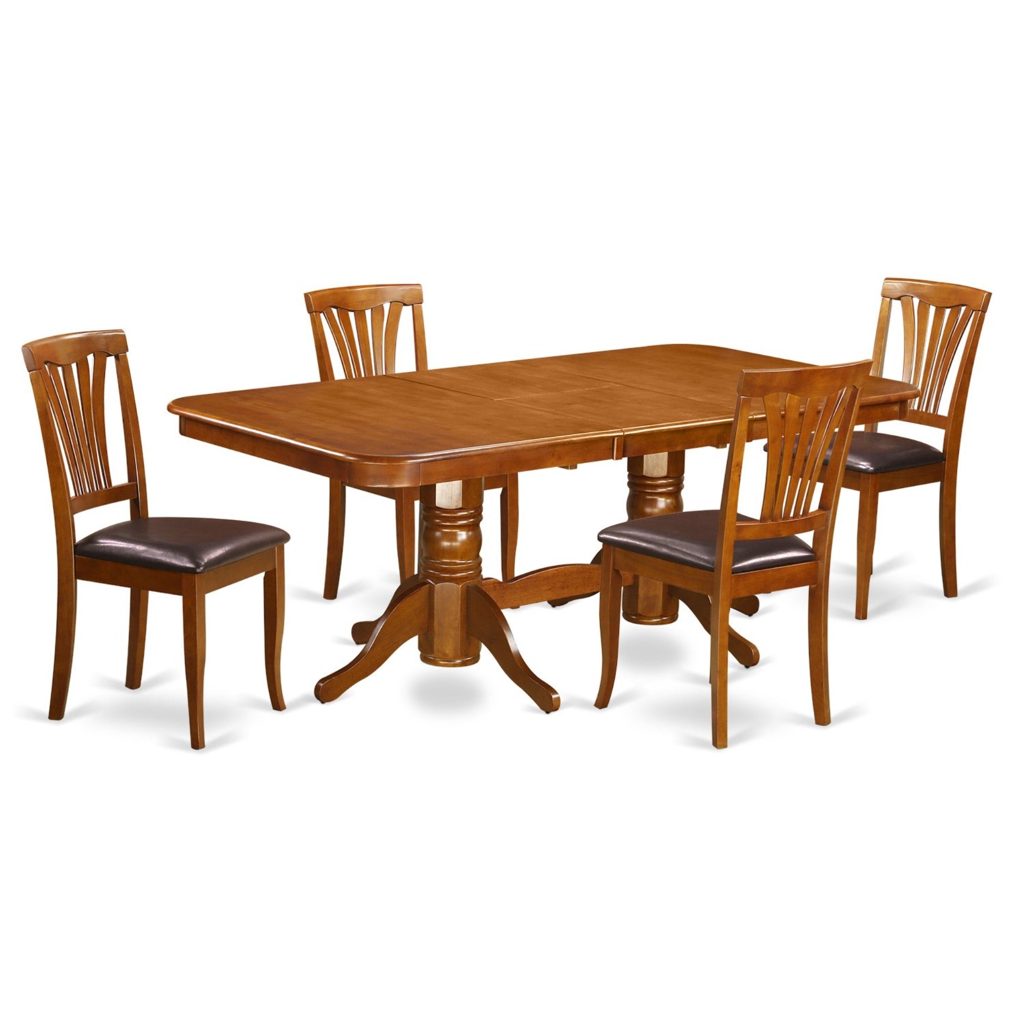 Ergode Naav5-Sbr-Lc, 5-Piece Dinner Table Set, 4 Chairs, Butterfly Leaf, Faux Leather Seat, Slatted Back, Asian Wood, Saddle Brown, 78X40 Inch