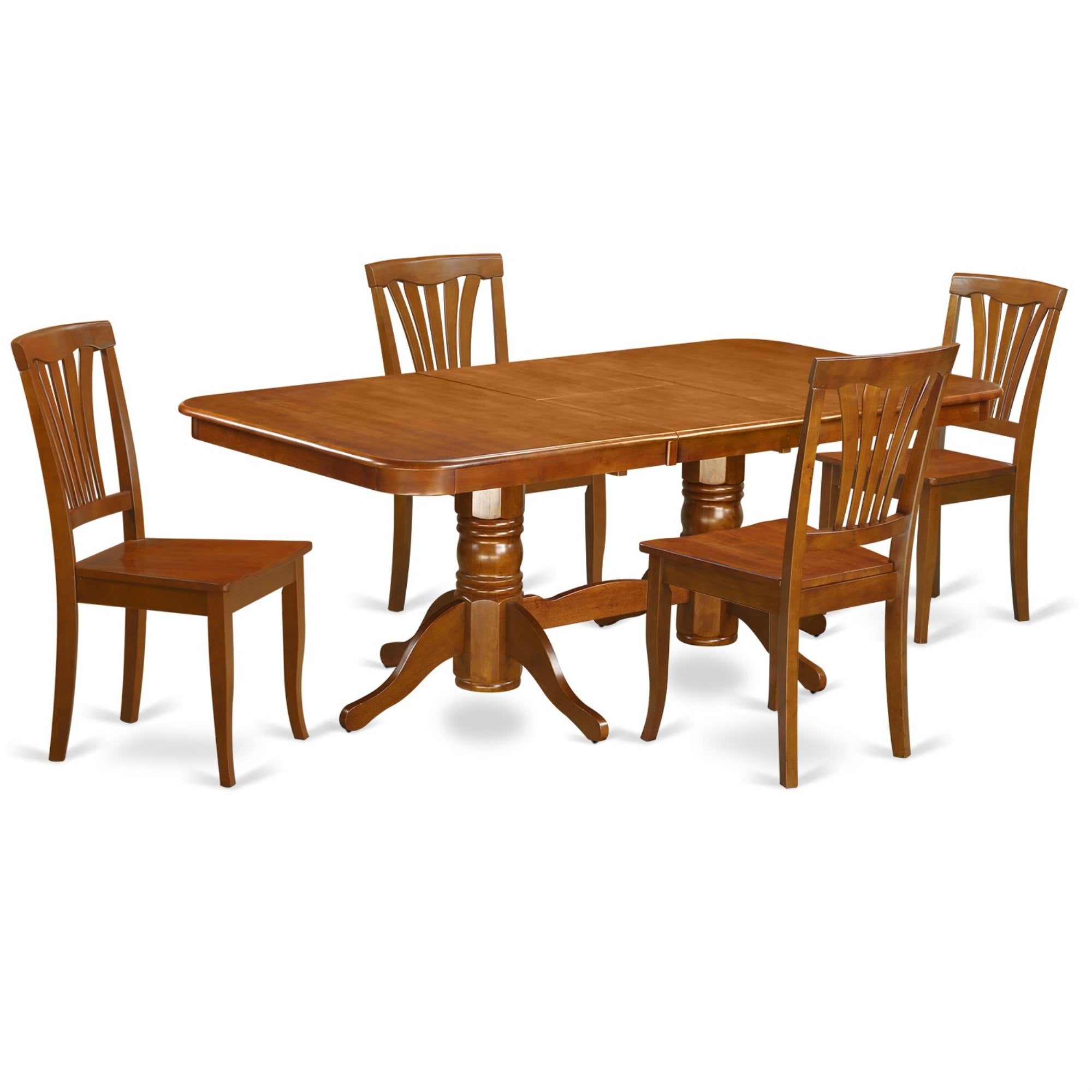 Ergode Naav5-Sbr-W Kitchen Table Set, 5-Piece Dinette With Butterfly Leaf, Slatted Back Chairs, Rectangular Table, Saddle Brown Color