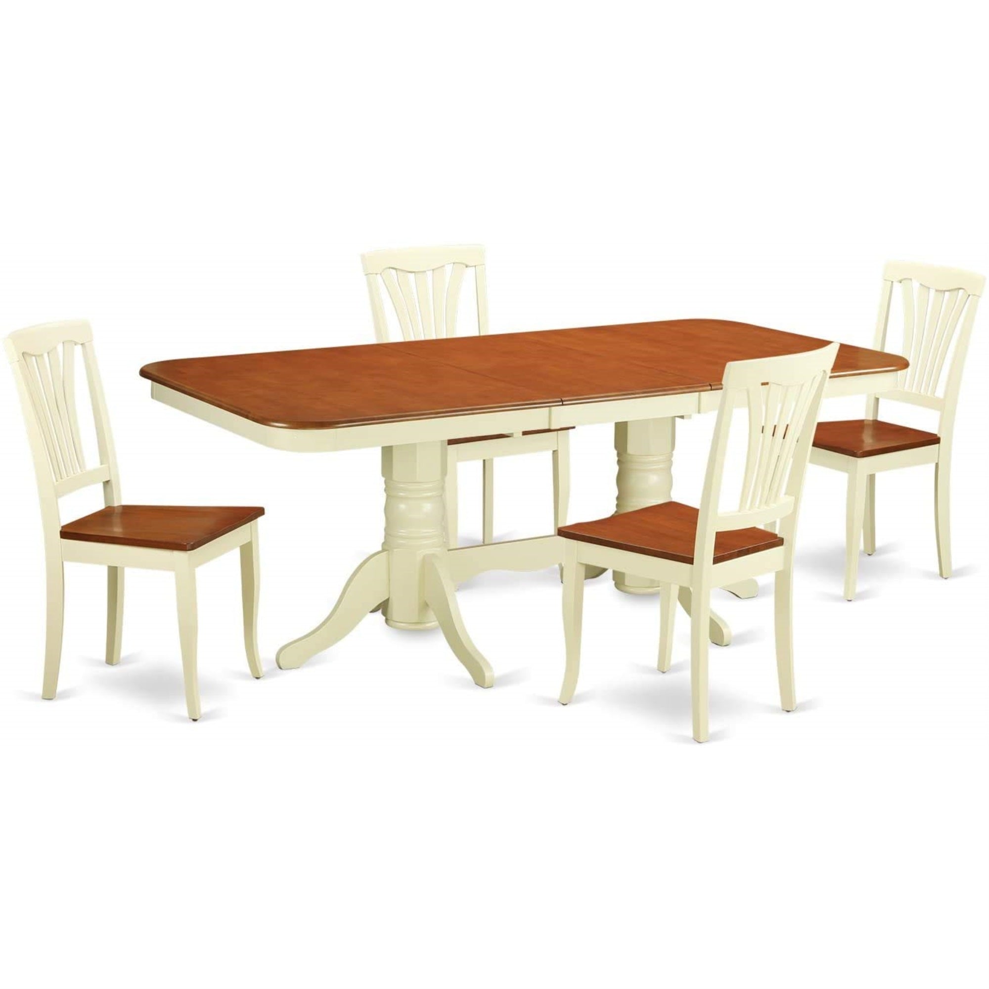 Ergode Naav5-Whi-W Kitchen Dining Table Set, 5-Piece Dinette, Wooden Seat & Slatted Back Chairs, Butterfly Leaf Top, Double Pedestal Legs, Asian Wood Frame, Buttermilk & Cherry Color, Rectangular Table Top, Easy Assembly, Customer Support