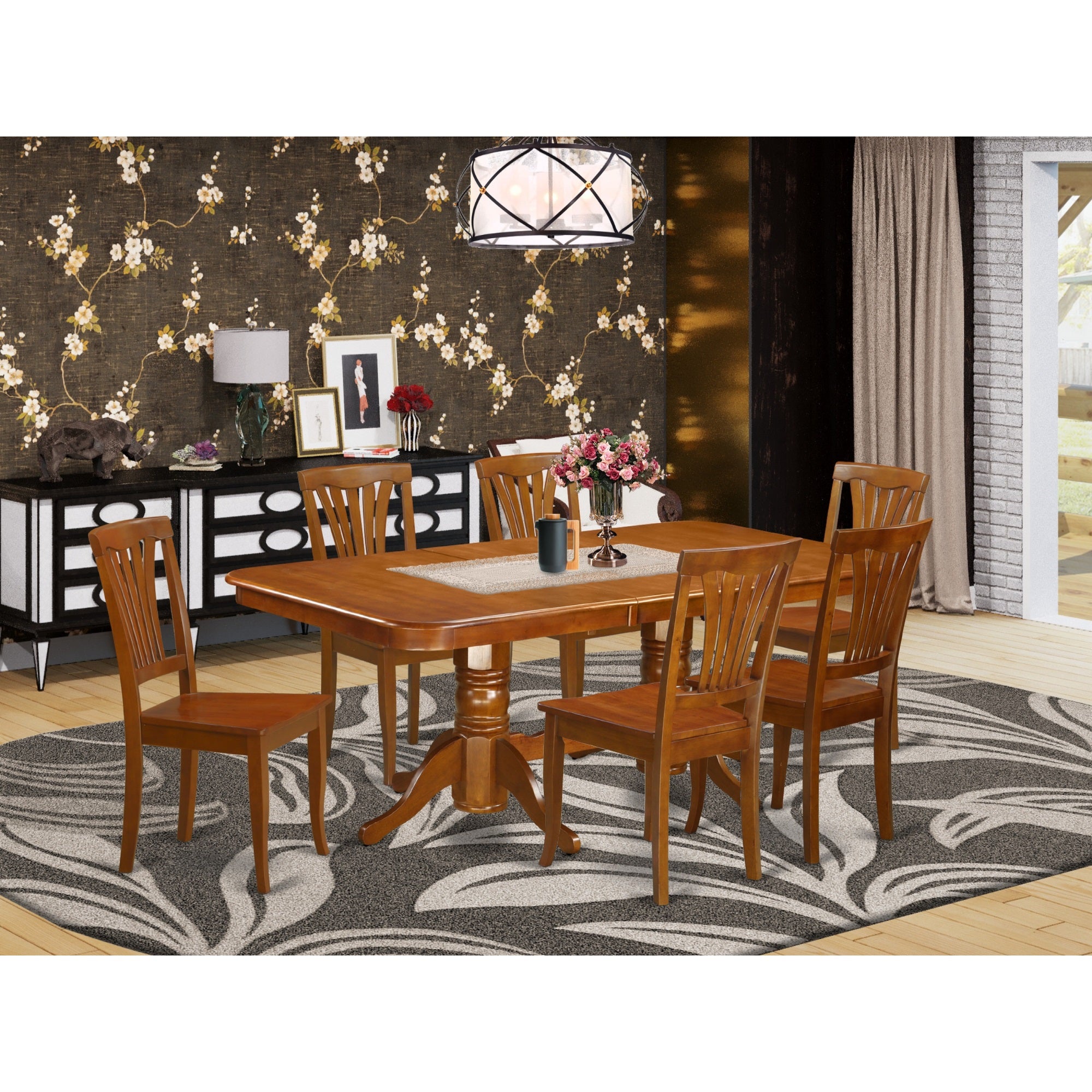 7 Pc Formal Dining Room Set - Naav7-Sbr-W , Dining Table, 6 Chairs , Asian Solid Wood , Foldable Leaf , Saddle Brown Finish