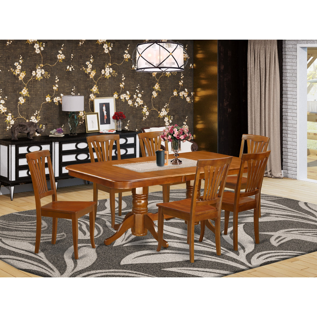 7 Pc Formal Dining Room Set - Naav7-Sbr-W , Dining Table, 6 Chairs , Asian Solid Wood , Foldable Leaf , Saddle Brown Finish