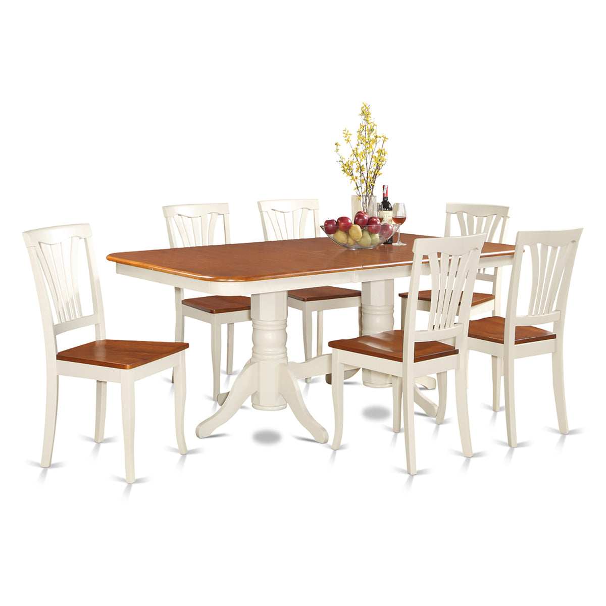 7 Pc Dining Room Set - Round Corner Dining Table With Leaf And 6 Ladder Back Chairs - Buttermilk & Cherry Finish - Asian Hardwood