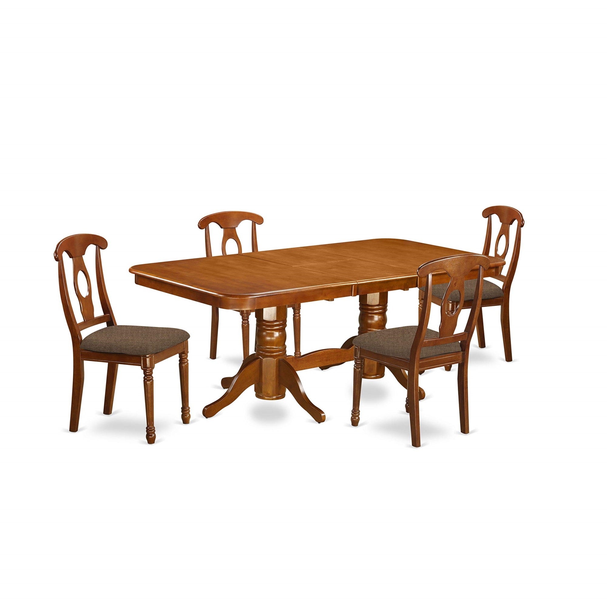 Ergode Nana5-Sbr-C Kitchen Table Set, 5-Piece Dinette, Linen Fabric Seat, Butterfly Leaf Top, Double Pedestal Legs, Saddle Brown Color