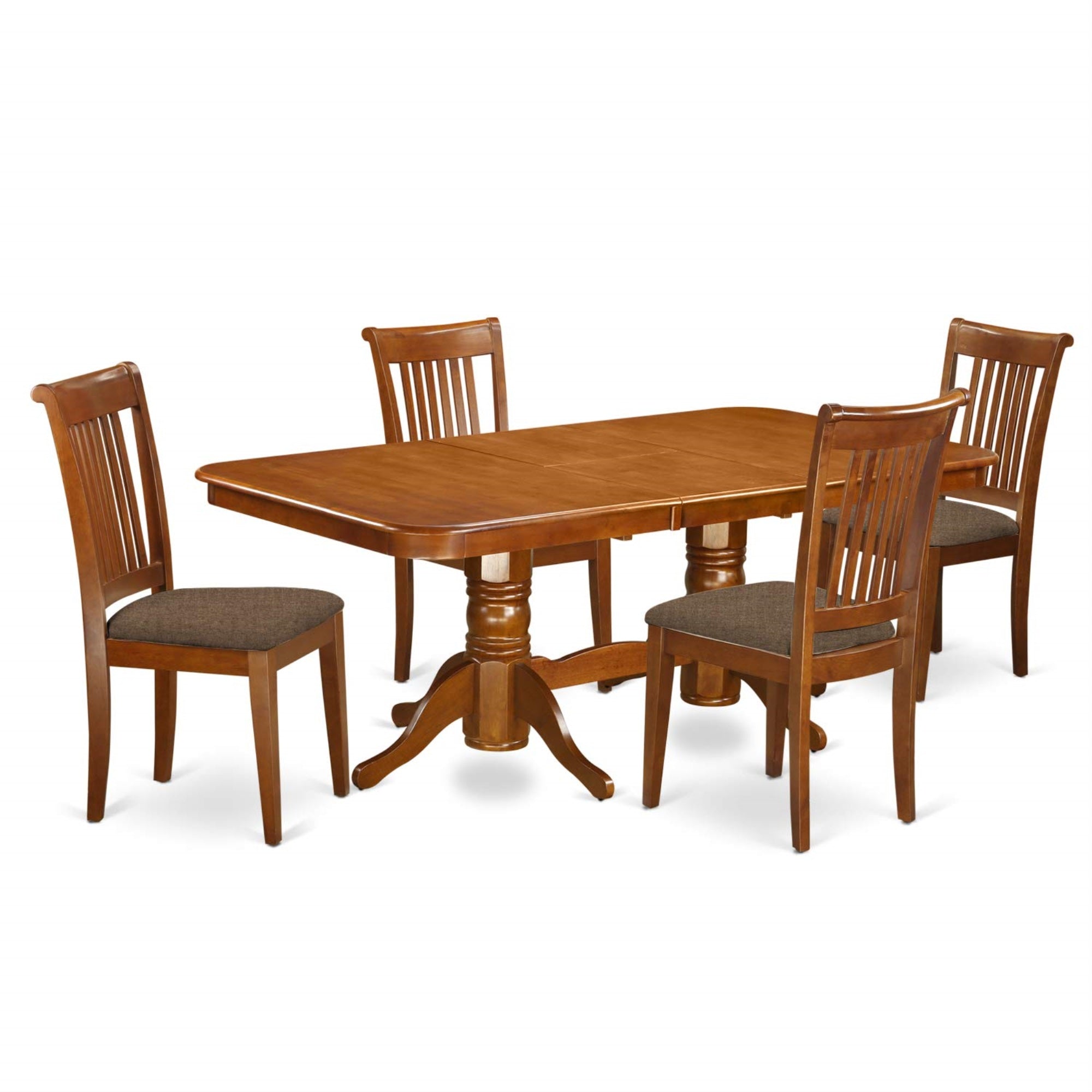 Ergode Napo5-Sbr-C, 5-Piece Dining Room Set, Rectangle Table With Butterfly Leaf, 4 Linen Fabric Chairs, Saddle Brown, High-Quality Craftsmanship, Easy Assembly, Elegant Design