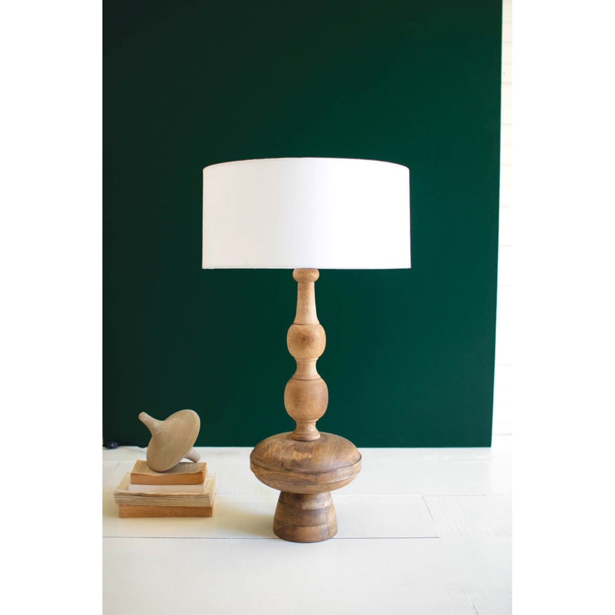 Carved Wooden Table Lamp With Off-White Barrel Shade