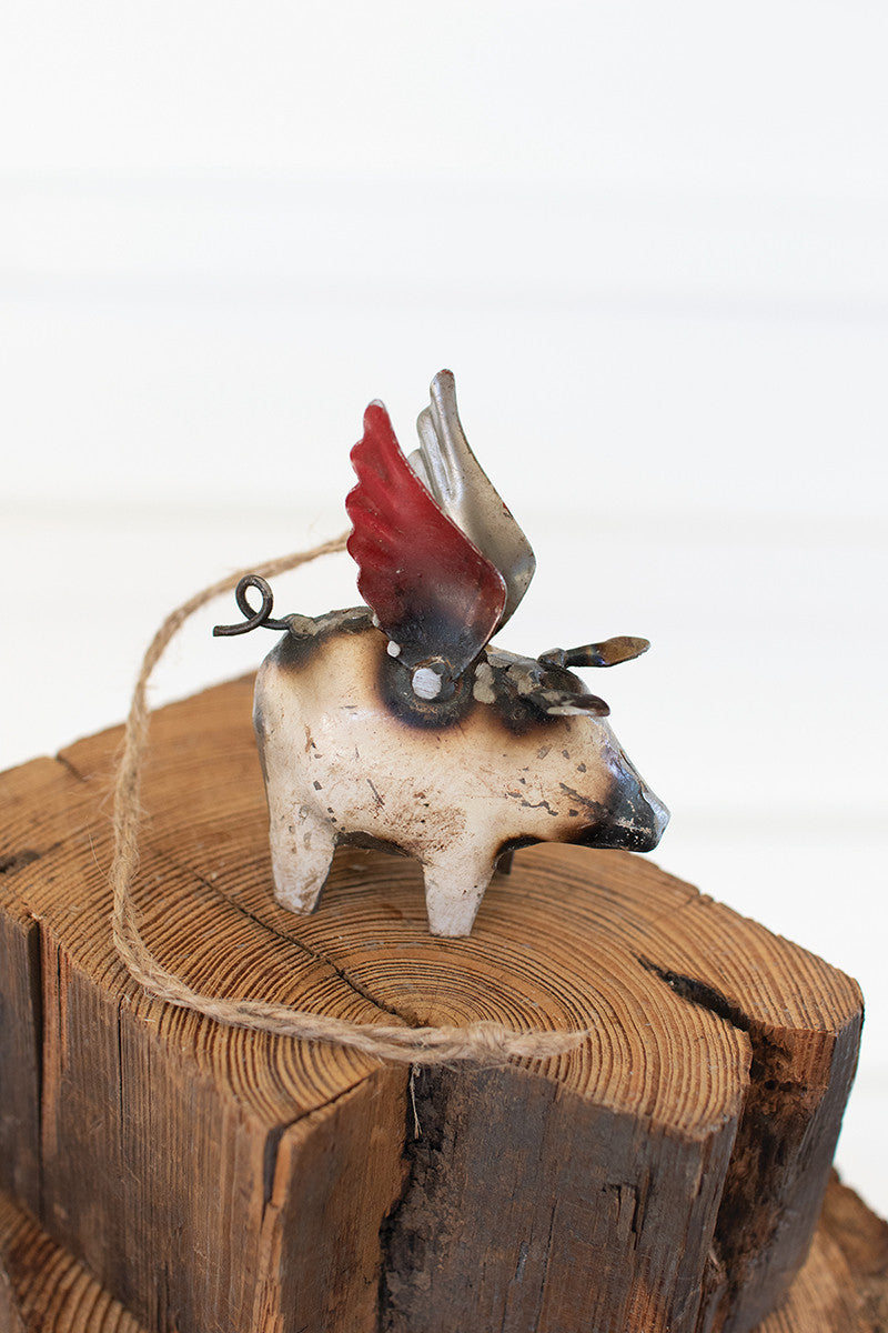 Set Of Four Recycled Iron Flying Pig Christmas Ornaments