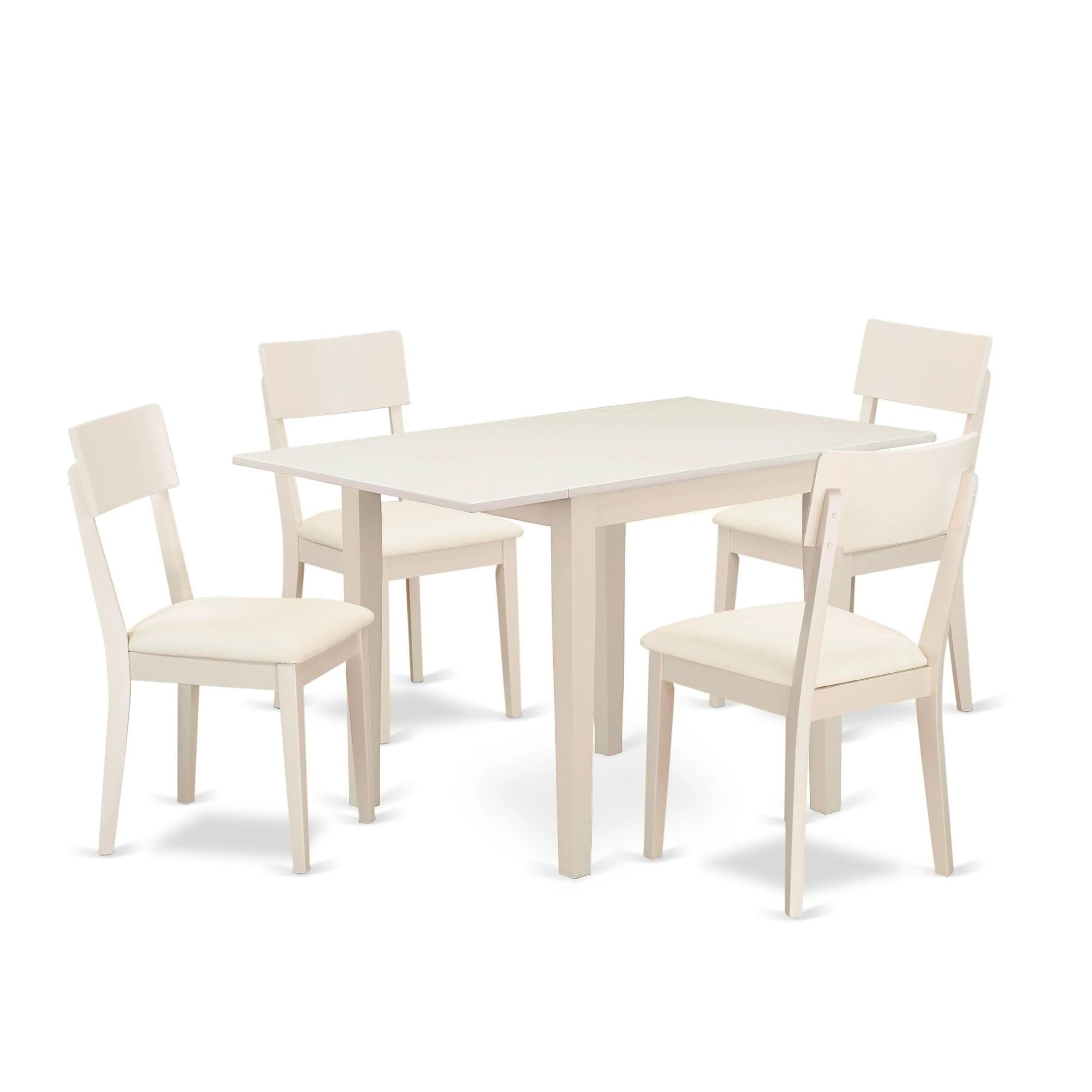 Casafoyer Ndad5-Lwh-Lc Norden 5 Piece Room Set Includes A Rectangle Dining Table With Dropleaf And 4 Faux Leather Upholstered Chairs, 30X48 Inch, Linen White