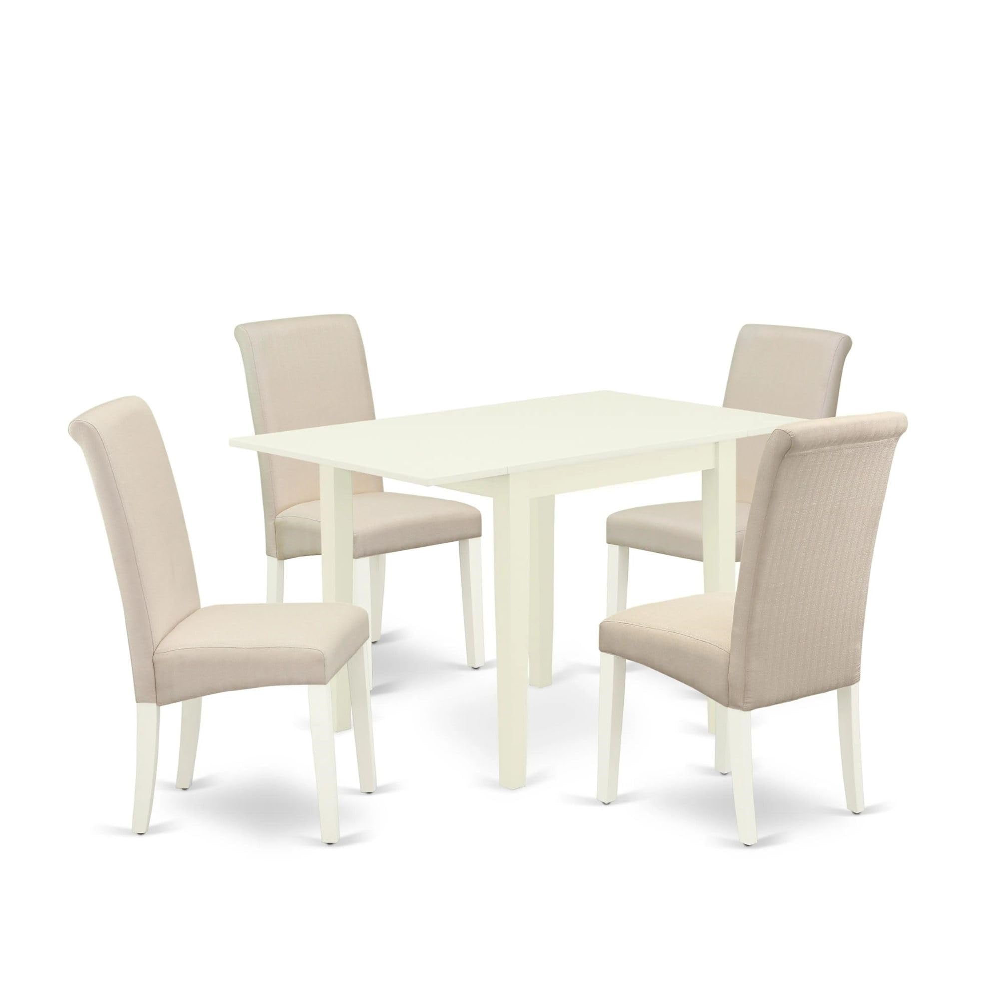 Casafoyer Ndba5-Lwh-01 Norden 5 Piece Kitchen Set For 4 Includes A Rectangle Table With Dropleaf And 4 Cream Fabric Parson Dining Chairs, 30X48 Inch, Linen White