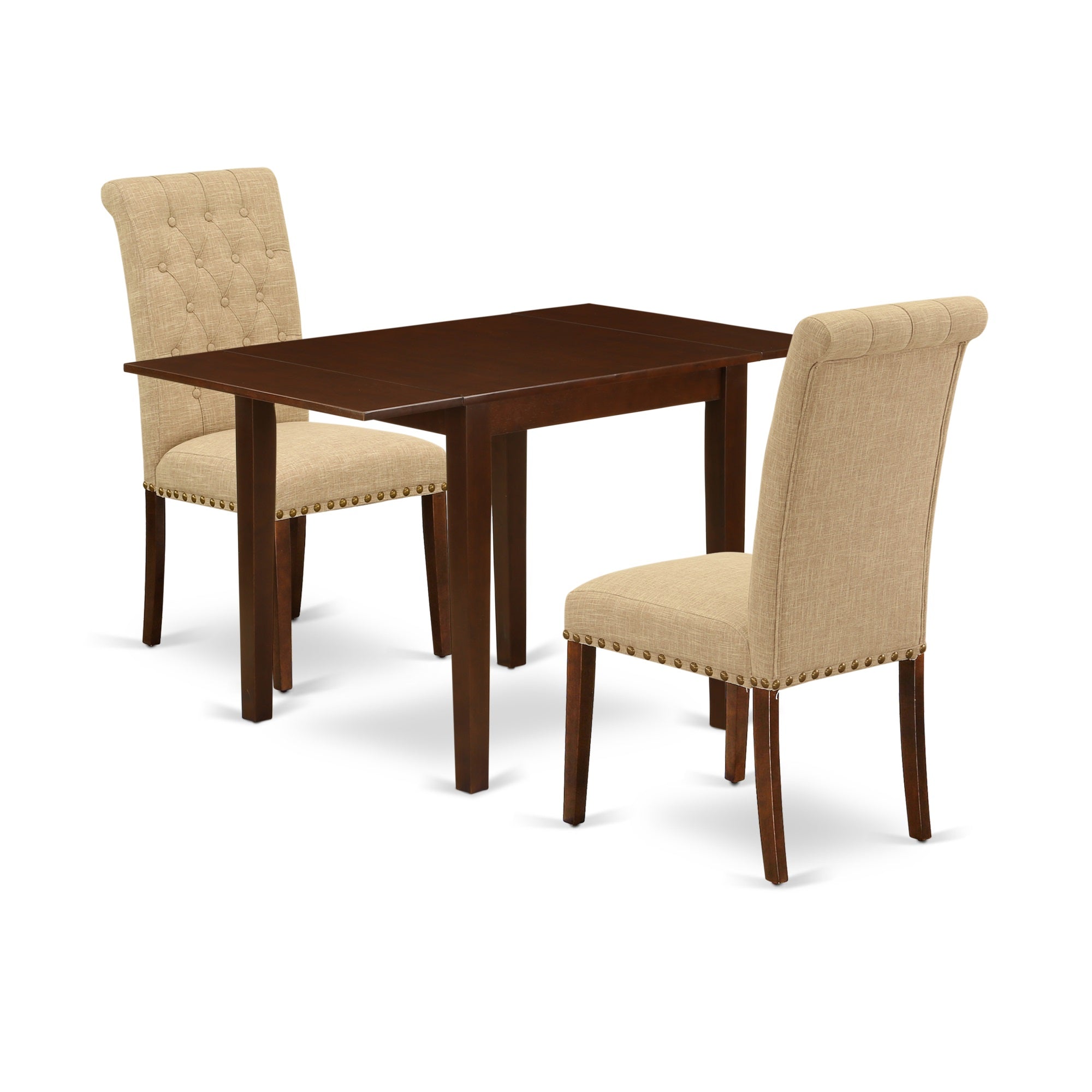 East West Furniture Ndbr3-Mah-04 Dining Set 3 Pc - 2 Dining Room Chairs And A Wood Dining Table - Mahogany Finish Solid Wood - Light Fawn Color Linen Fabric