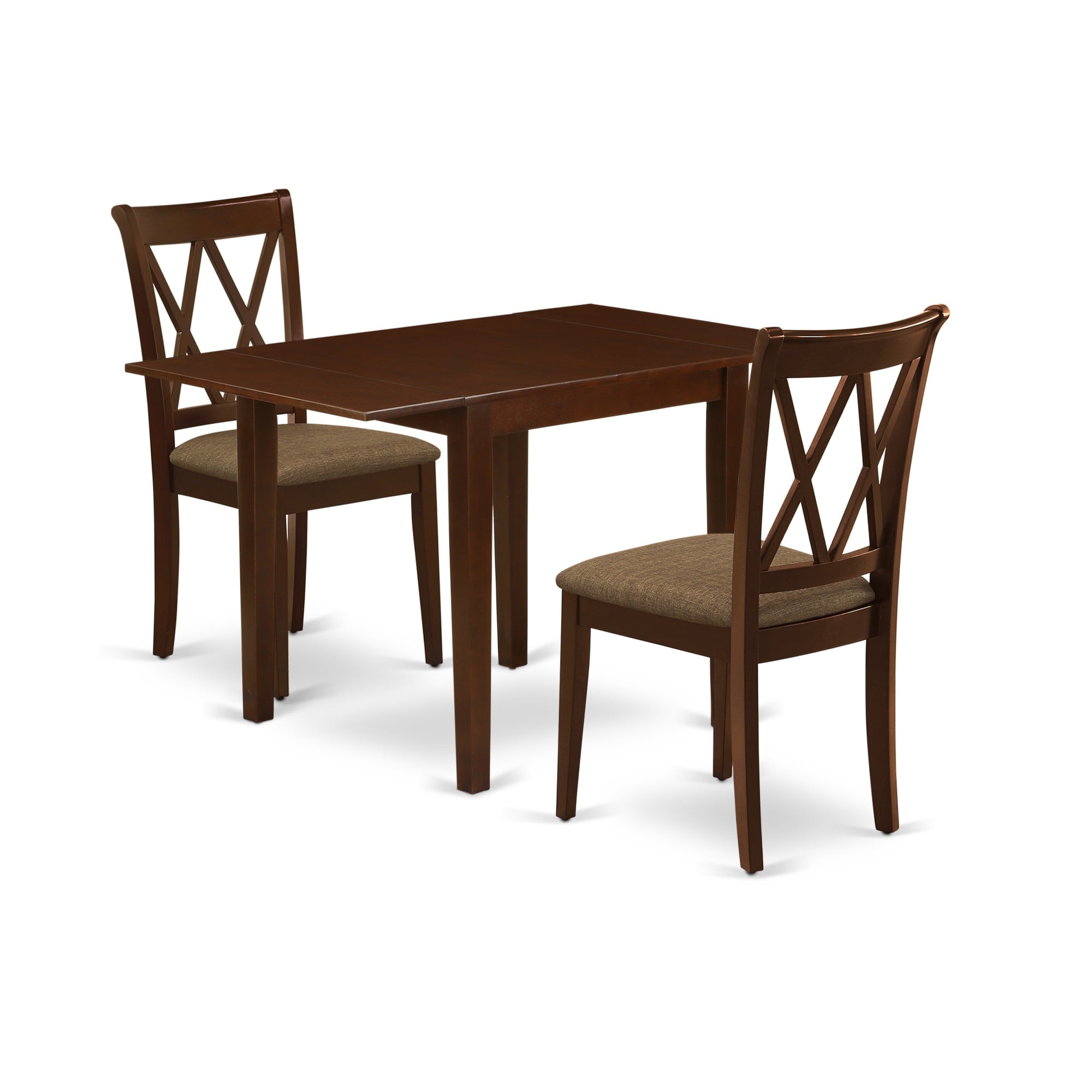 East West Furniture Ndcl3-Mah-C Kitchen Dining Table Set For 3- Two Fabulous Wooden Chairs - An Attractive Breakfast Table - Mahogany Color Microfiber - Mahogany Finish Solid Wood Frame