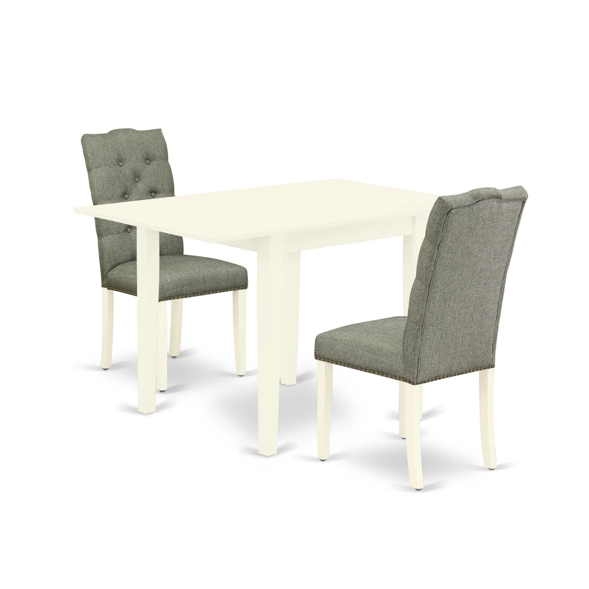 Casafoyer Ndel3-Lwh-07 3 Piece Kitchen Table Set Contains A Rectangle Dining Room Table With Dropleaf And 2 Gray Linen Fabric Parson Dining Chairs, 30X48 Inch, Linen White