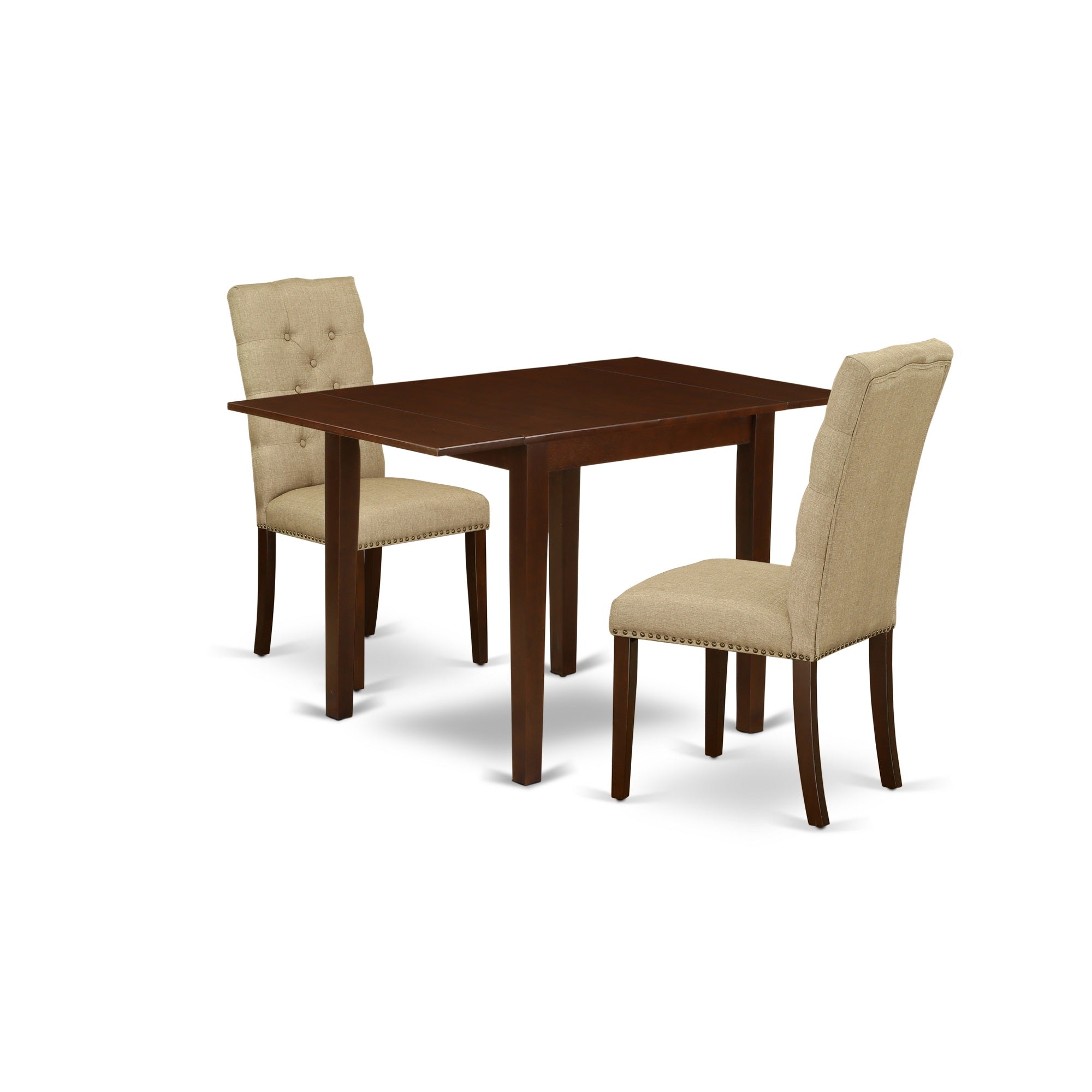East West Furniture Ndel3-Mah-16 3-Piece Dining Table Set Included A Drop Leaves Rectangular Dining Table & 2 Parson Chairs, Dark Khaki Linen Fabric Dining Chairs Seat With Rubber Wood Legs, Mahogany Finish