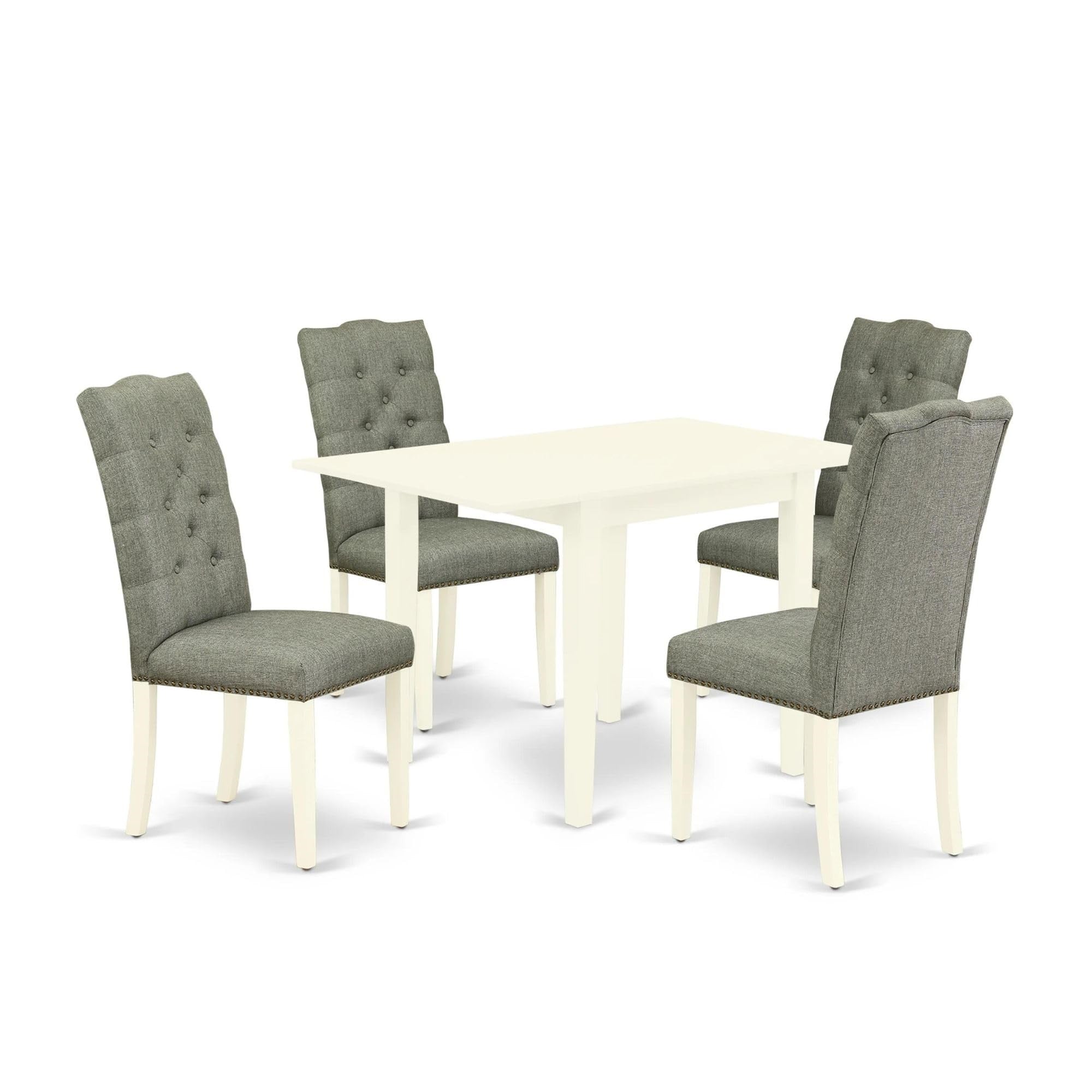 Casafoyer Ndel5-Lwh-07 Norden 5 Piece Kitchen Set Includes A Rectangle Dining Room Table With Dropleaf And 4 Gray Fabric Parsons Chairs, 30X48 Inch, Linen White