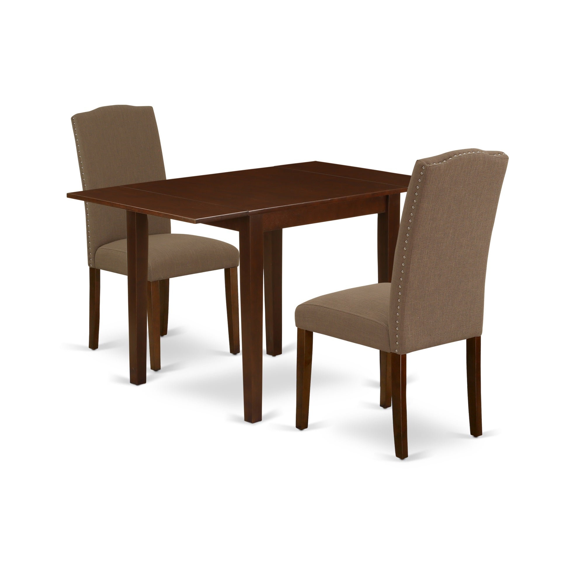 East West Furniture Nden3-Mah-18 Dining Room Table Set 3 Pcs - 2 Parson Chairs And A Dining Room Table - Mahogany Finish Hardwood - Coffee Color Linen Fabric