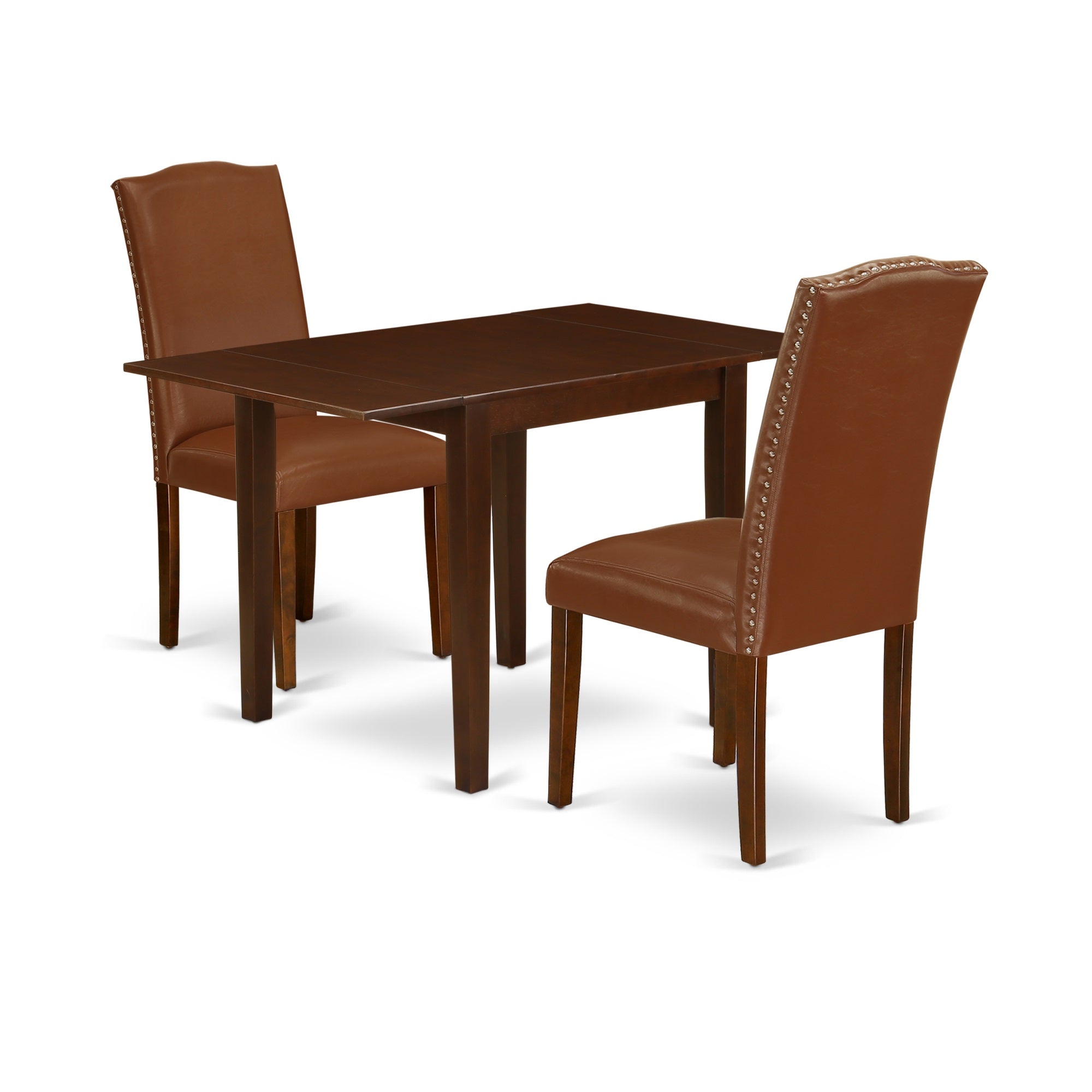 East West Furniture Nden3-Mah-66 Dining Table Set 3 Pcs - Two Chairs For Dining Room And A Dining Table - Mahogany Finish Hardwood - Brown Color Pu Leather