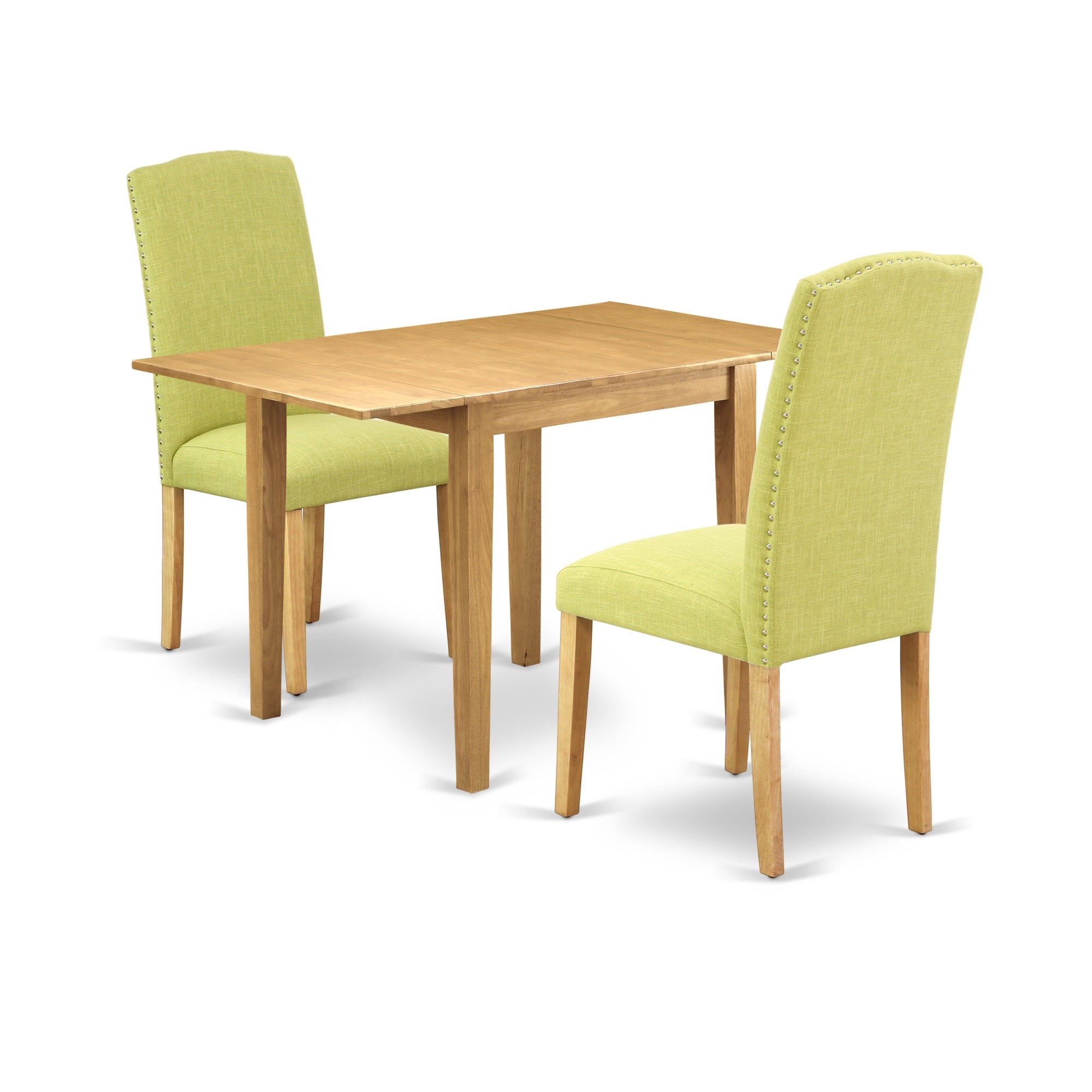 East West Furniture Nden3-Oak-07 Modern Dining Table Set 3 Pcs - Two Parson Chairs And A Dinner Table - Oak Finish Solid Wood - Limelight Color Linen Fabric
