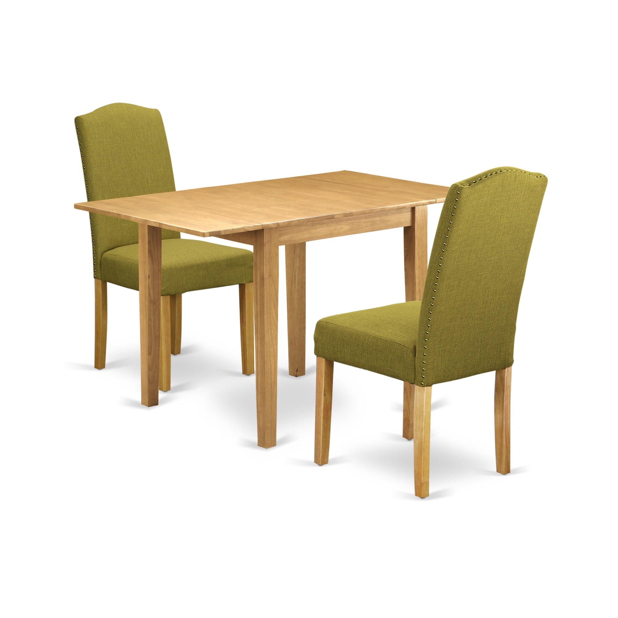 East West Furniture Nden3-Oak-08 Modern Dining Table Set 3 Pcs - 2 Parson Dining Chairs And A Wooden Table - Oak Finish Wood - Light Pickle Color Linen Fabric
