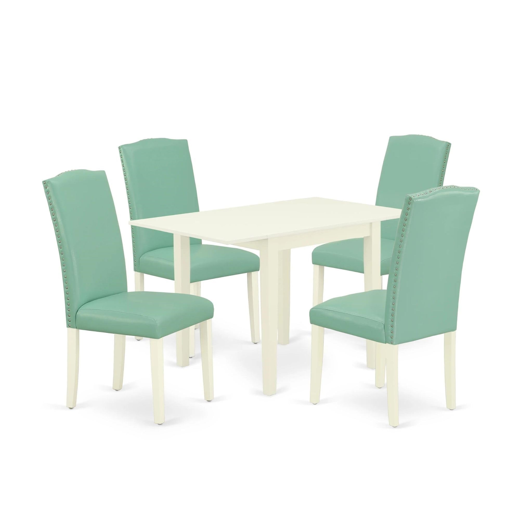 Casafoyer Nden5-Lwh-57 5 Piece Dinette Set For 4 Includes A Rectangle Dining Room Table With Dropleaf And 4 Pond Faux Leather Upholstered Parson Chairs, 30X48 Inch, Linen White