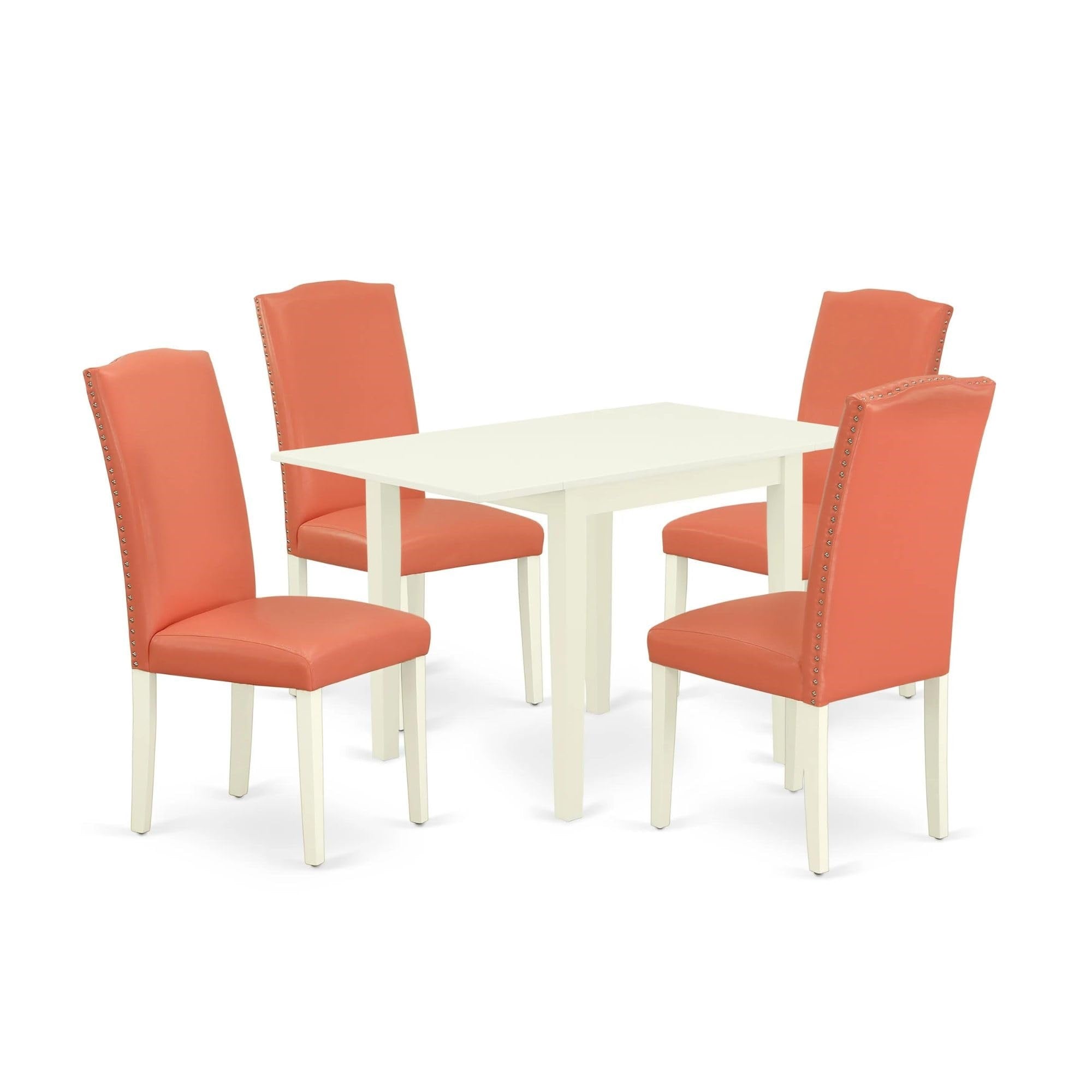 Casafoyer Nden5-Lwh-78 5 Piece Dining Set Includes A Rectangle Dining Room Table With Dropleaf And 4 Pink Flamingo Faux Leather Upholstered Chairs, 30X48 Inch, Linen White