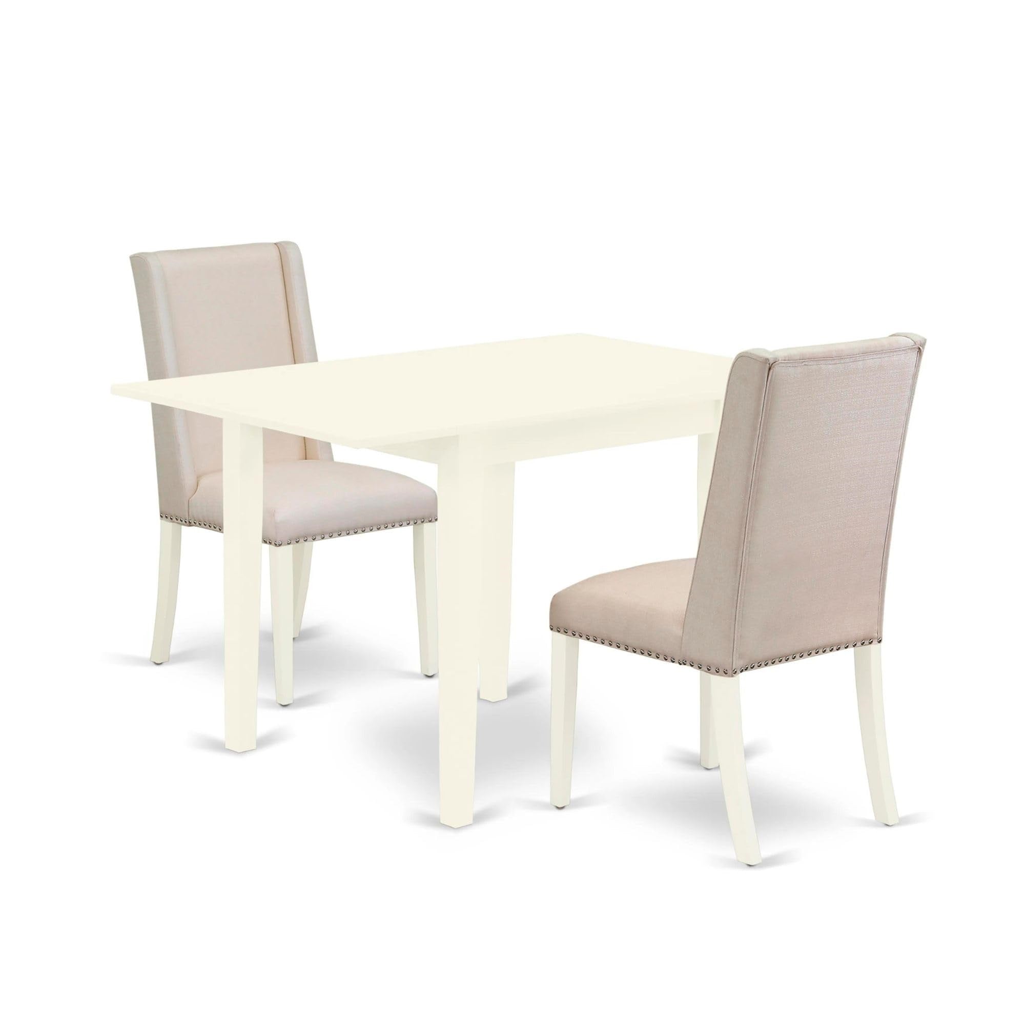 Casafoyer Ndfl3-Lwh-01 Norden 3 Piece Kitchen Set Contains A Rectangle Dining Room Table With Dropleaf And 2 Cream Fabric Parson Chairs, 30X48 Inch, Linen White
