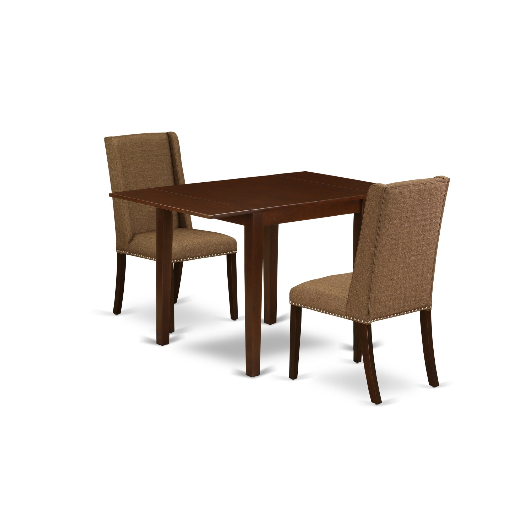 East West Furniture Ndfl3-Mah-18 3-Piece Rectangular Dining Set Included A Drop Leaves Dinette Table & 2 Kitchen Chairs, Brown Beige Linen Fabric Kitchen Chairs Seat & Rubber Wood Legs, Mahogany Finish