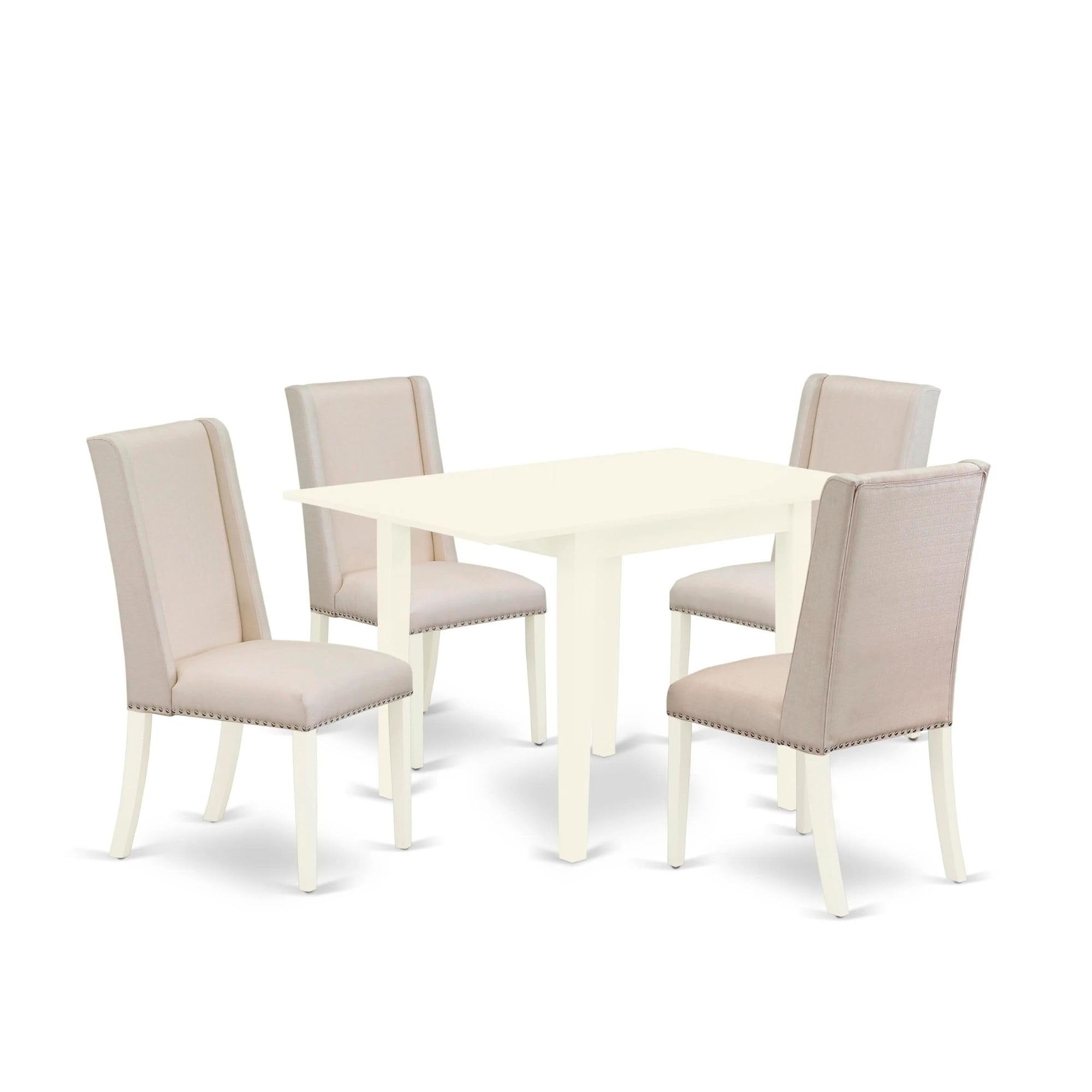Casafoyer Norden 5 Piece Kitchen Set For 4 Includes A Rectangle Dining Room Table With Dropleaf And 4 Cream Fabric Upholstered Chairs, 30X48 Inch, Linen White