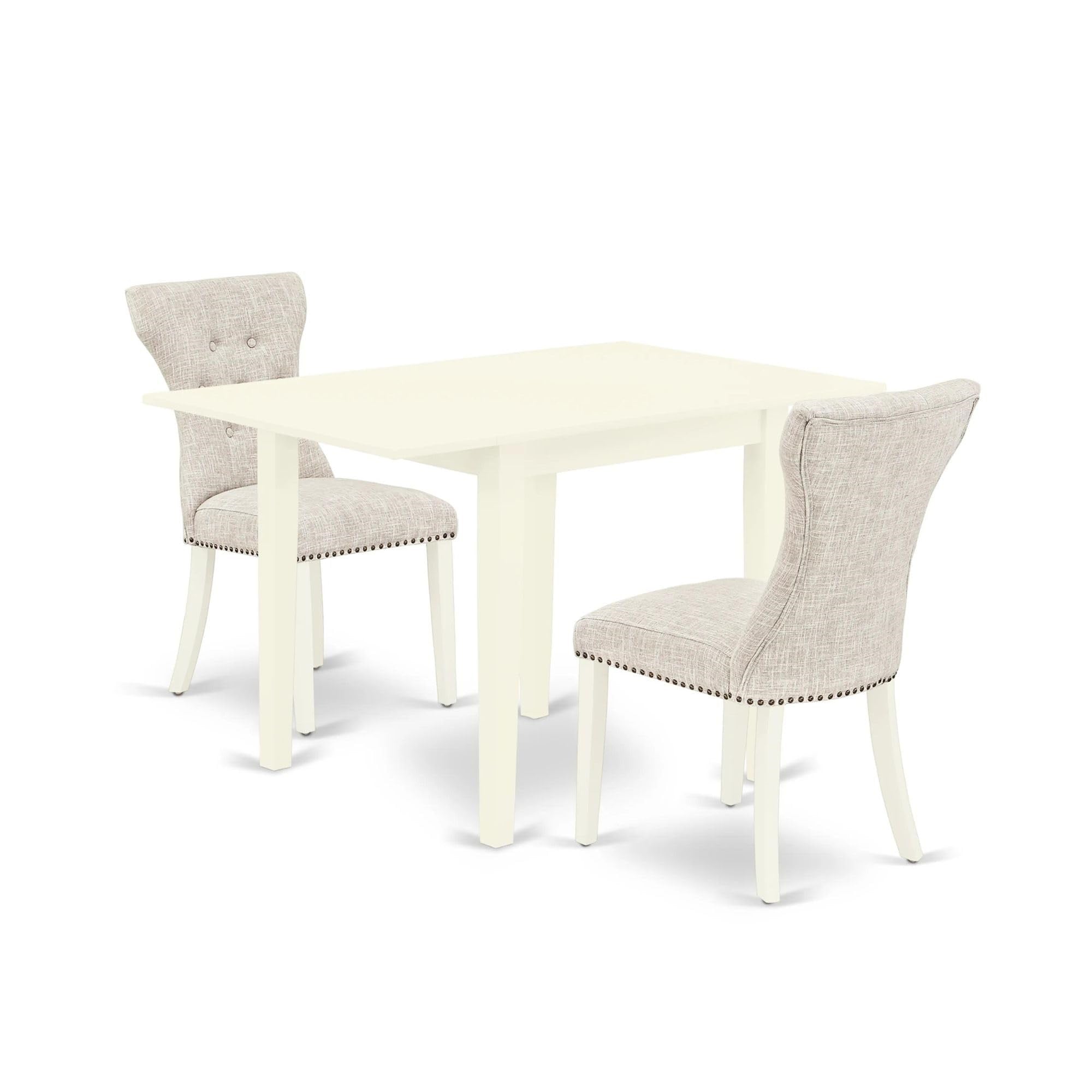 Casafoyer Ndga3-Lwh-35 3 Piece Dinette Set For Small Spaces Contains A Rectangle Dining Table With Dropleaf And 2 Doeskin Linen Fabric Upholstered Chairs, 30X48 Inch, Linen White