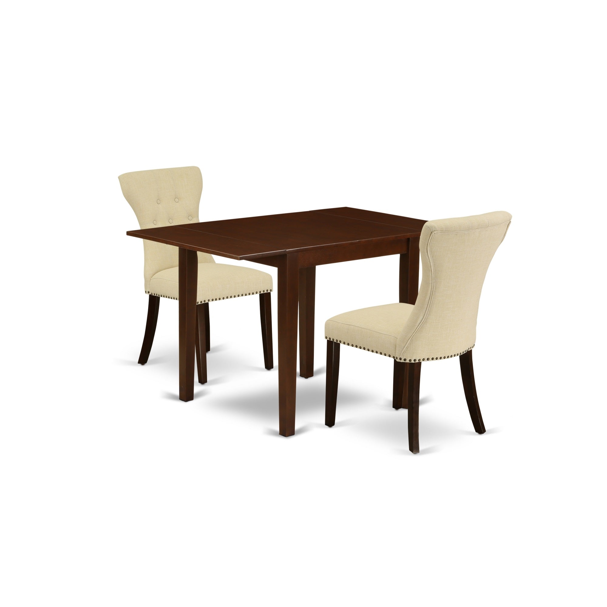 East West Furniture Ndga3-Mah-32 3-Piece Kitchen Set Included A Rectangular Drop Leaves Dinette Table & 2 Parson Chairs, Light Beige Linen Fabric Parson Dining Chairs Seat With Rubber Wood Legs, Mahogany Finish