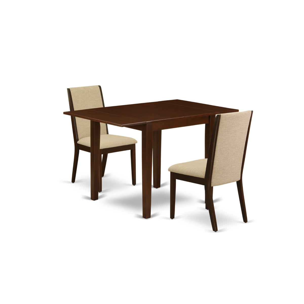 East West Furniture Ndla3-Mah-04 3-Piece Kitchen Dining Table Set Included A Rectangular Drop Leaves Kitchen Table & 2 Dining Chairs, Light Tan Linen Fabric Kitchen Chairs Seat With Rubber Wood Legs, Mahogany Finish