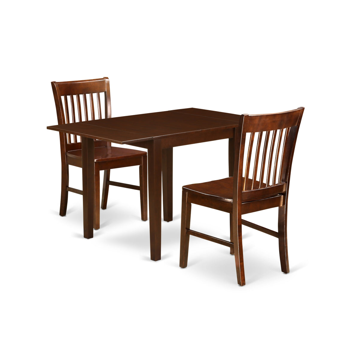 East West Furniture Ndno3-Mah-W 3Pc Dining Set Features A Wood Table And 2 Wooden Dining Chairs With Asian Hardwood Seat And Slat Back, Mahogany Finish