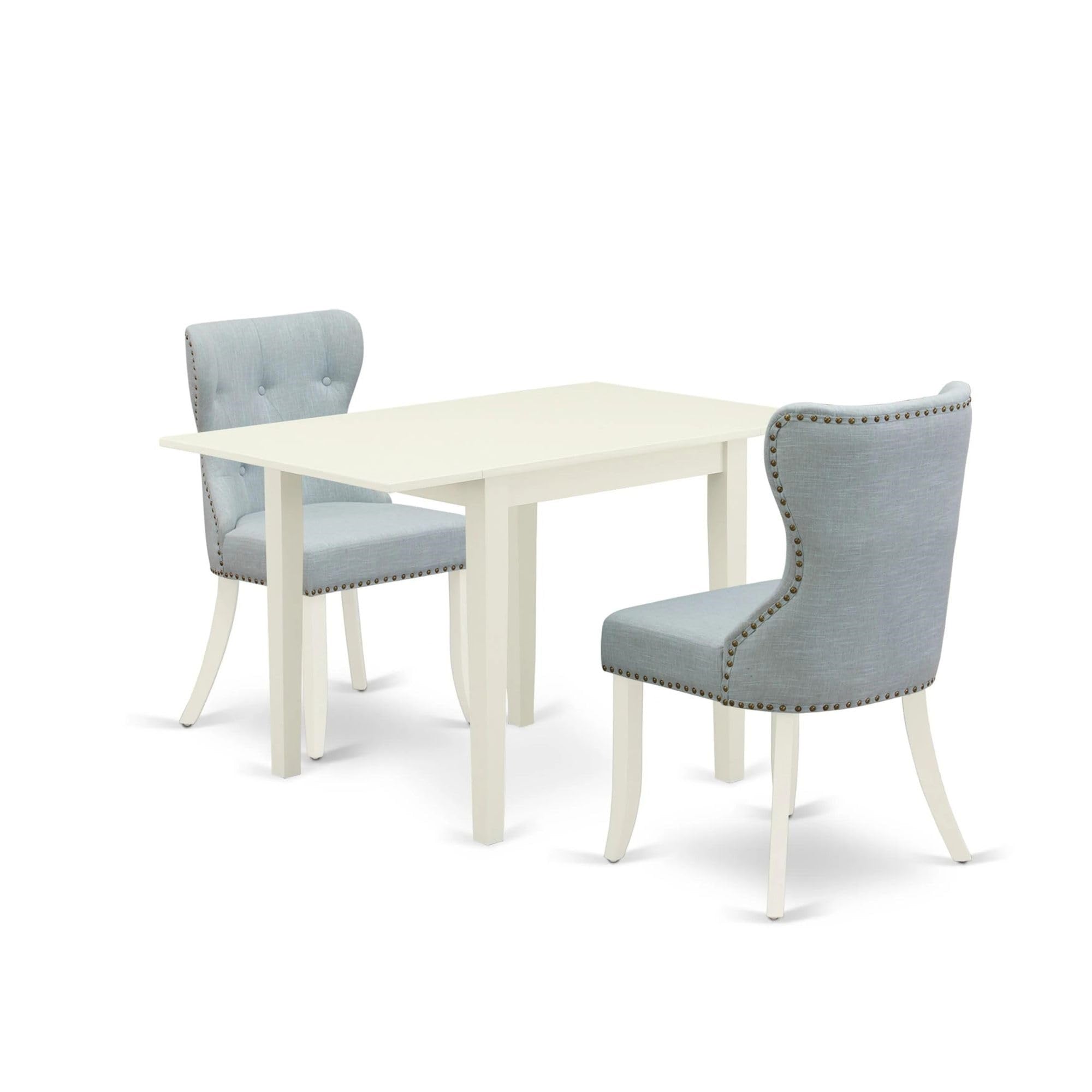 Casafoyer Norden 3 Piece Modern Dining Set Contains A Rectangle Wooden Table With Dropleaf And 2 Baby Blue Linen Fabric Upholstered Chairs, 30X48 Inch, Ndsi3-Lwh-15