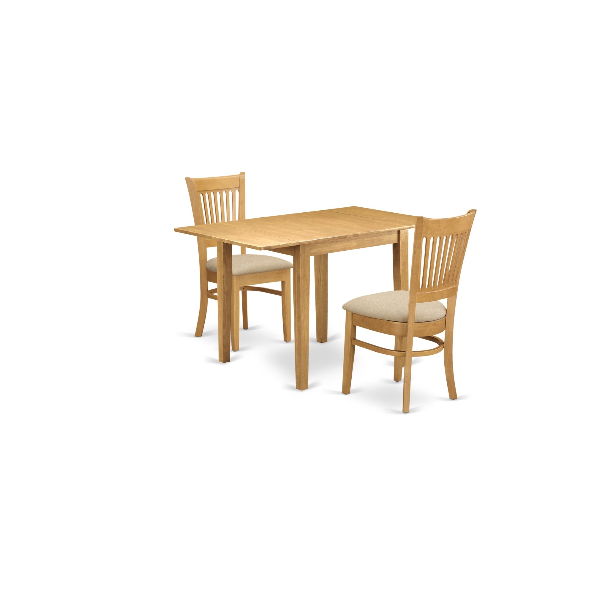 East West Furniture Ndva3-Oak-C, 3Pc Dining Room Table Set Includes A Wood Table And 2 Dinette Chairs Withmicrofiber Upholstery Seat And Slat Back, Oak Finish