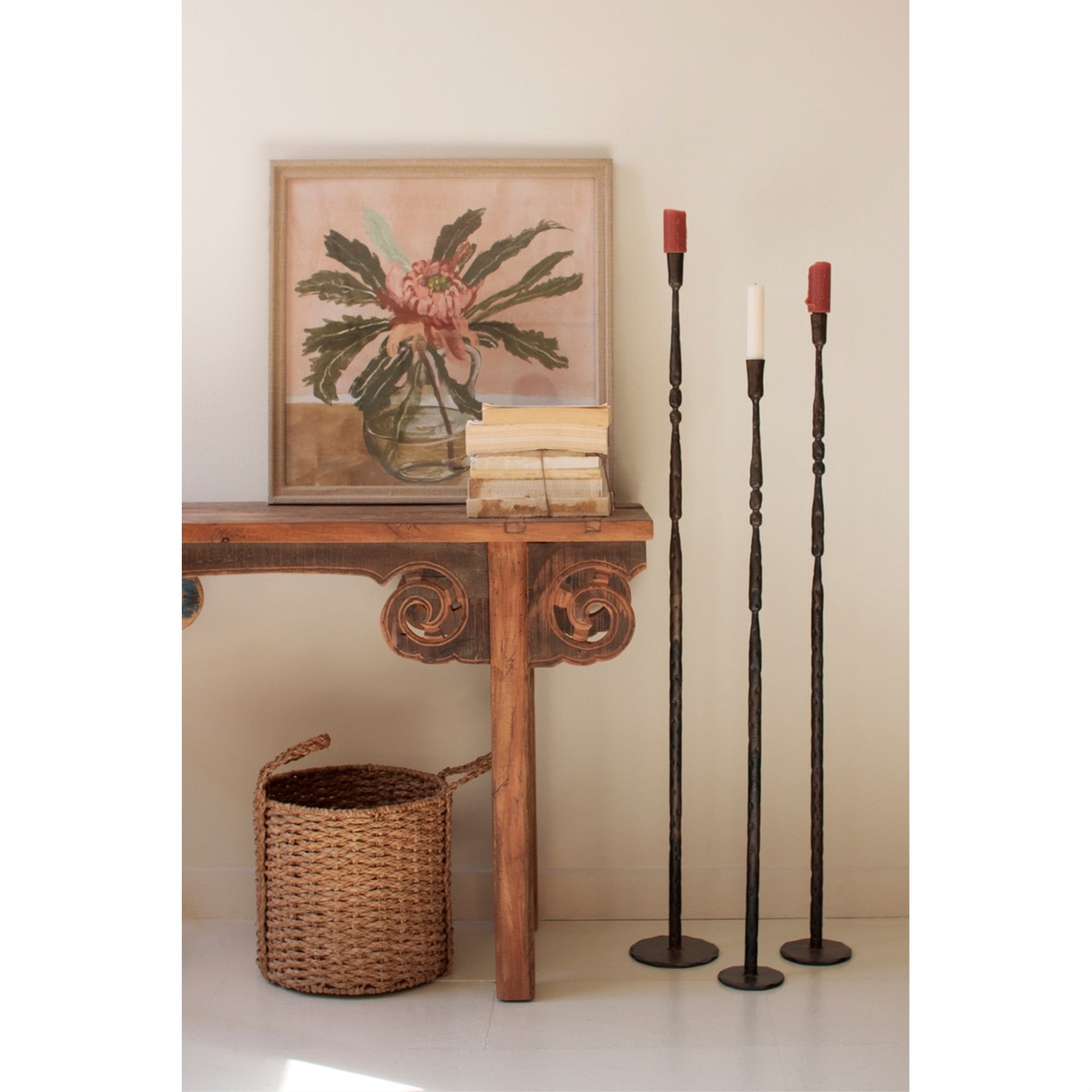 SET OF 3 TALL FORGED IRON TAPER CANDLE HOLDERS - ANT BRASS