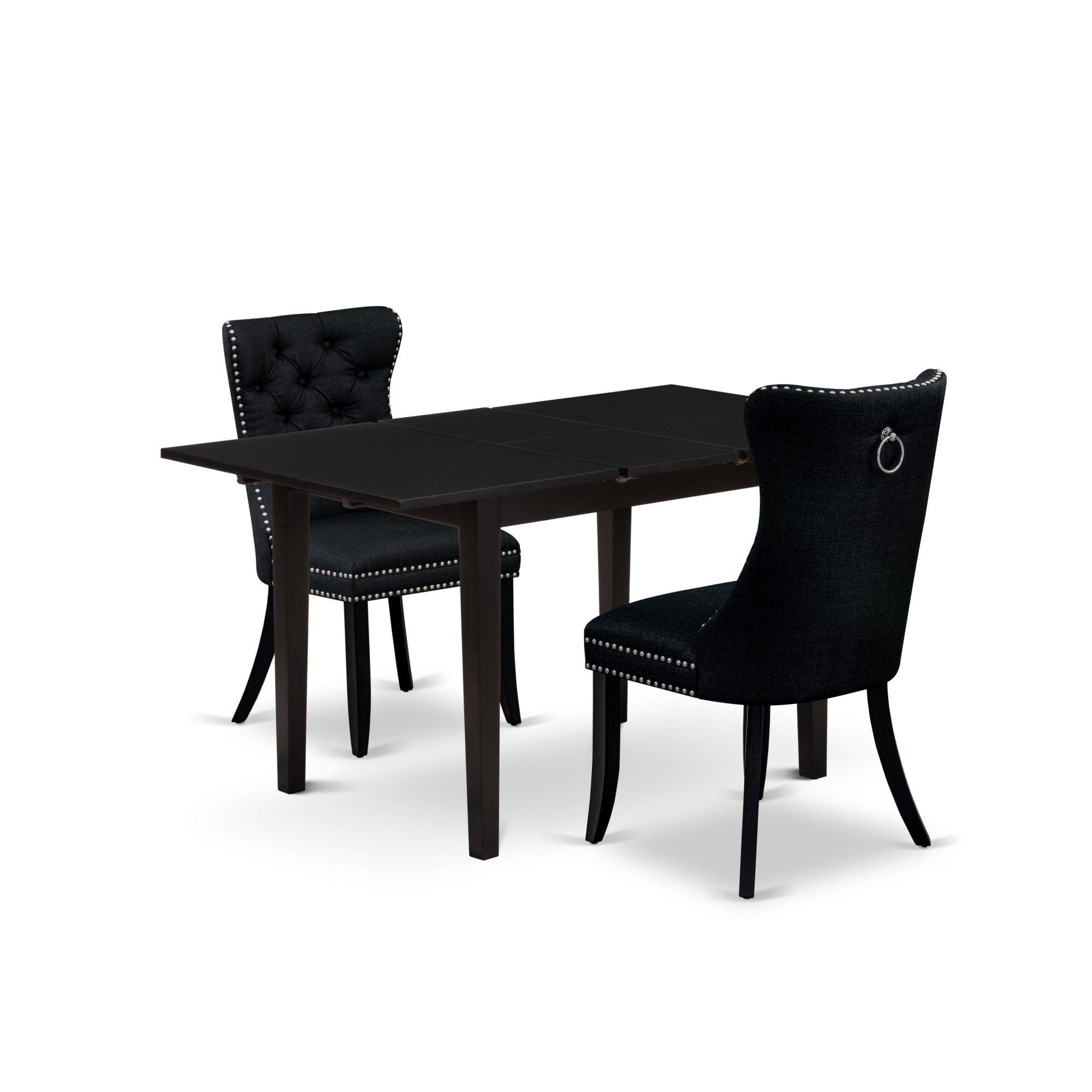 East West Furniture Nfda3-Blk-24 3 Piece Kitchen Table Set Includes A Rectangle Dining Table With Butterfly Leaf And 2 Upholstered Chairs, 32X54 Inch, Black